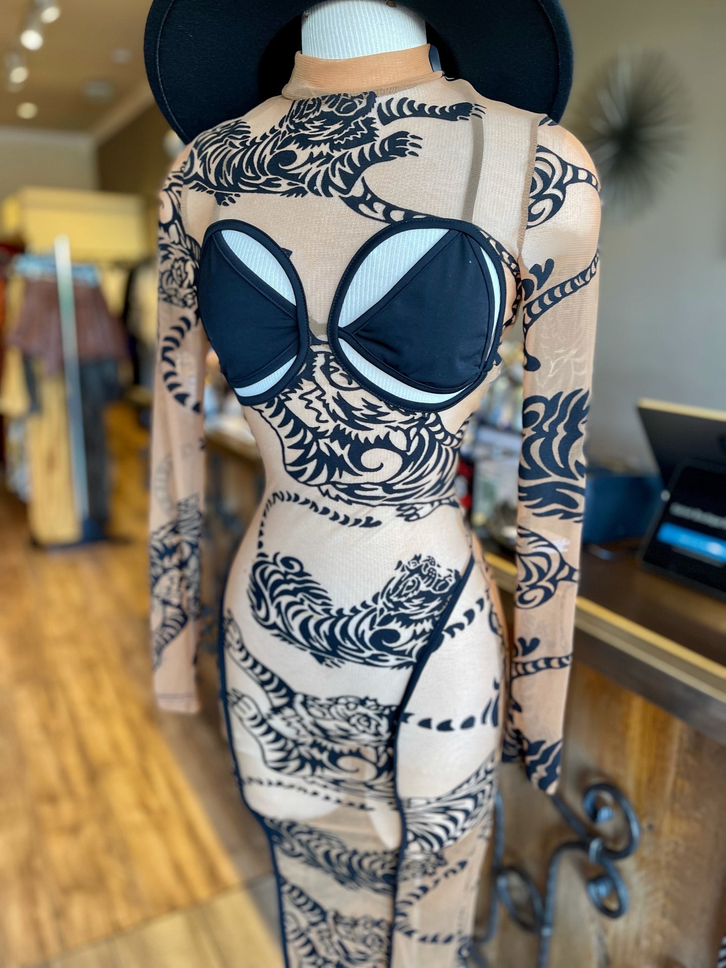 Mesh Tiger Printed MIDI Dress