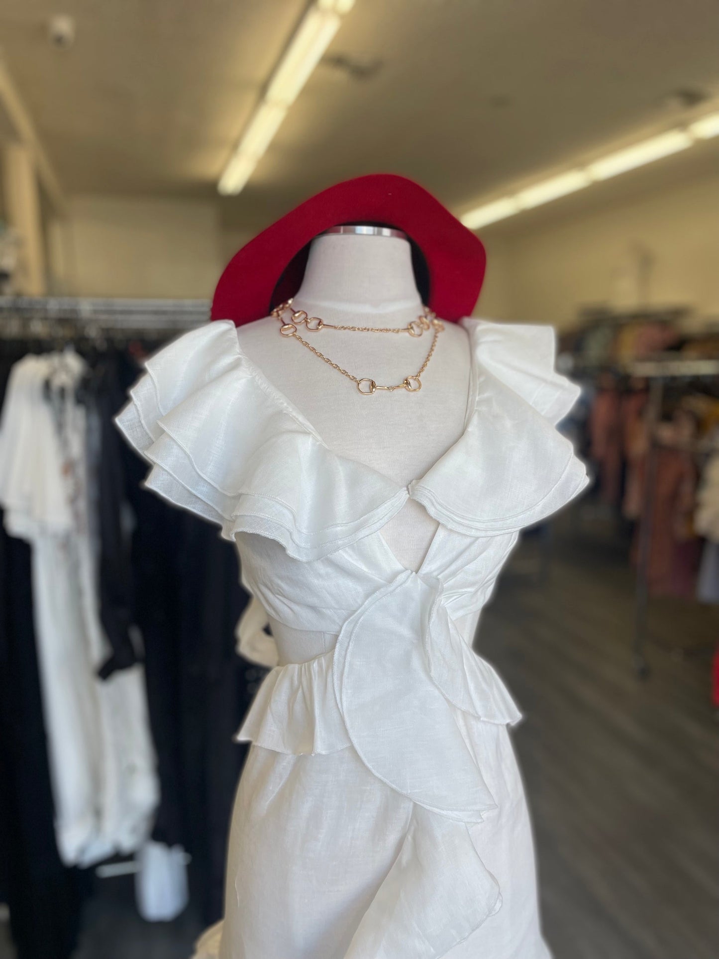 White Cut Out Ruffle Dress