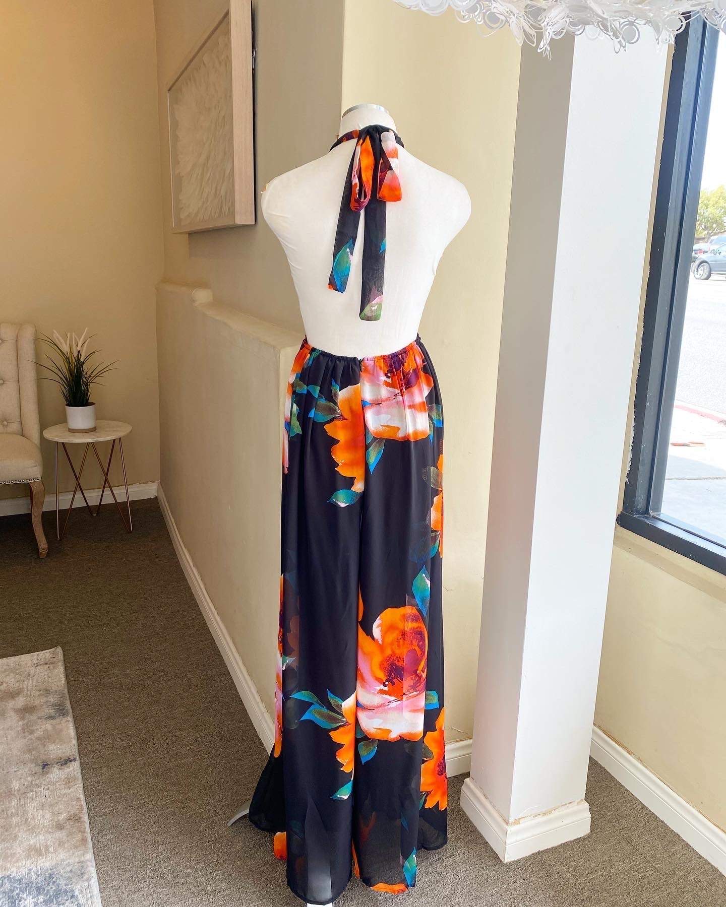 Multi Chiffon Deep V Halter Jumpsuit