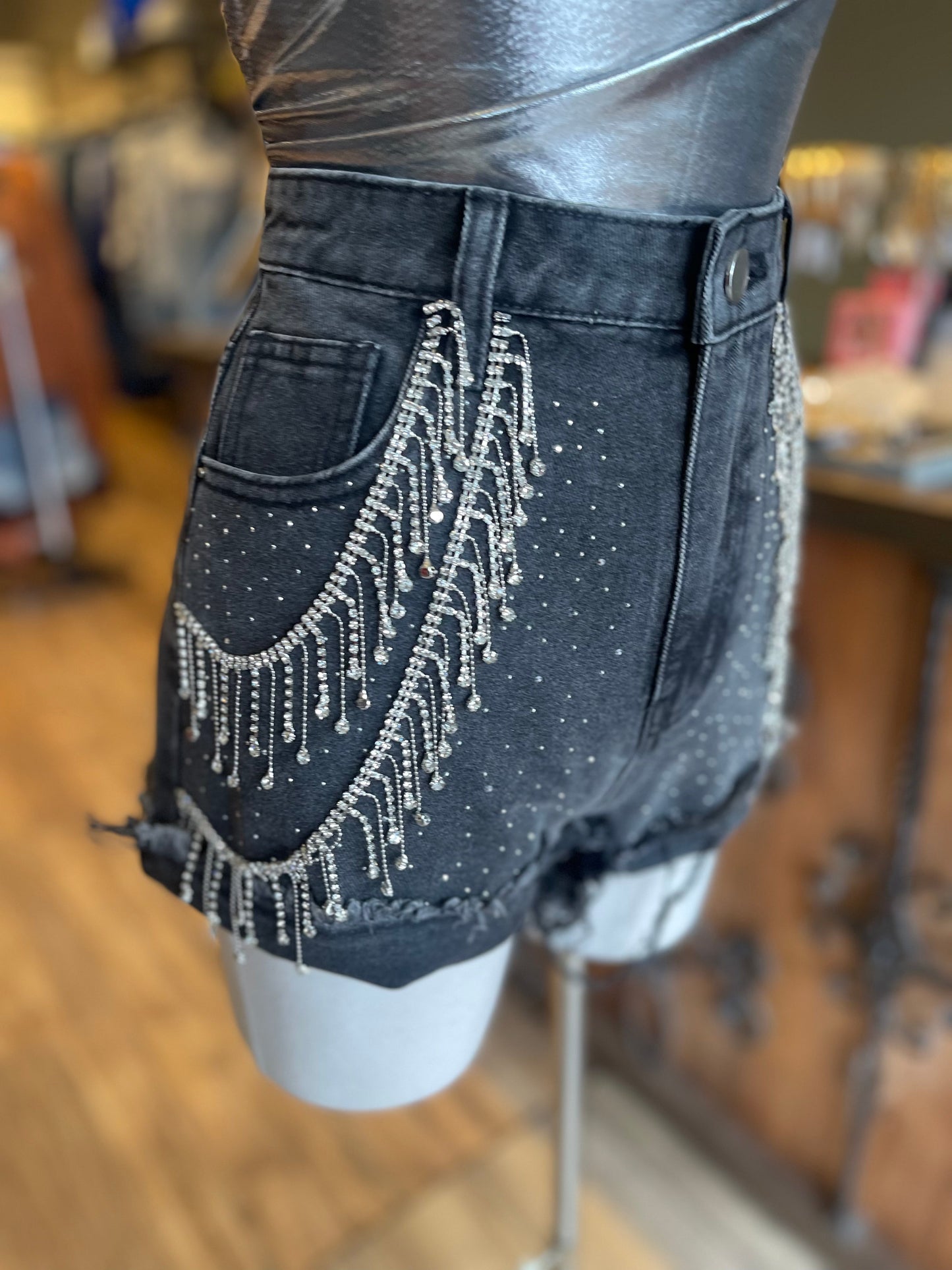 Sparkle Stone Fringe Denim Shorts