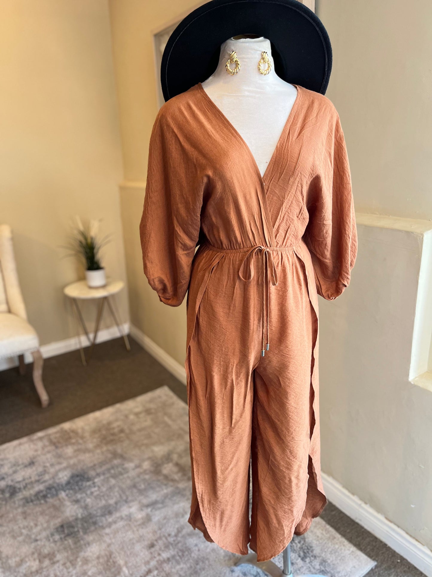 Bubble Sleeve Slit Jumpsuit