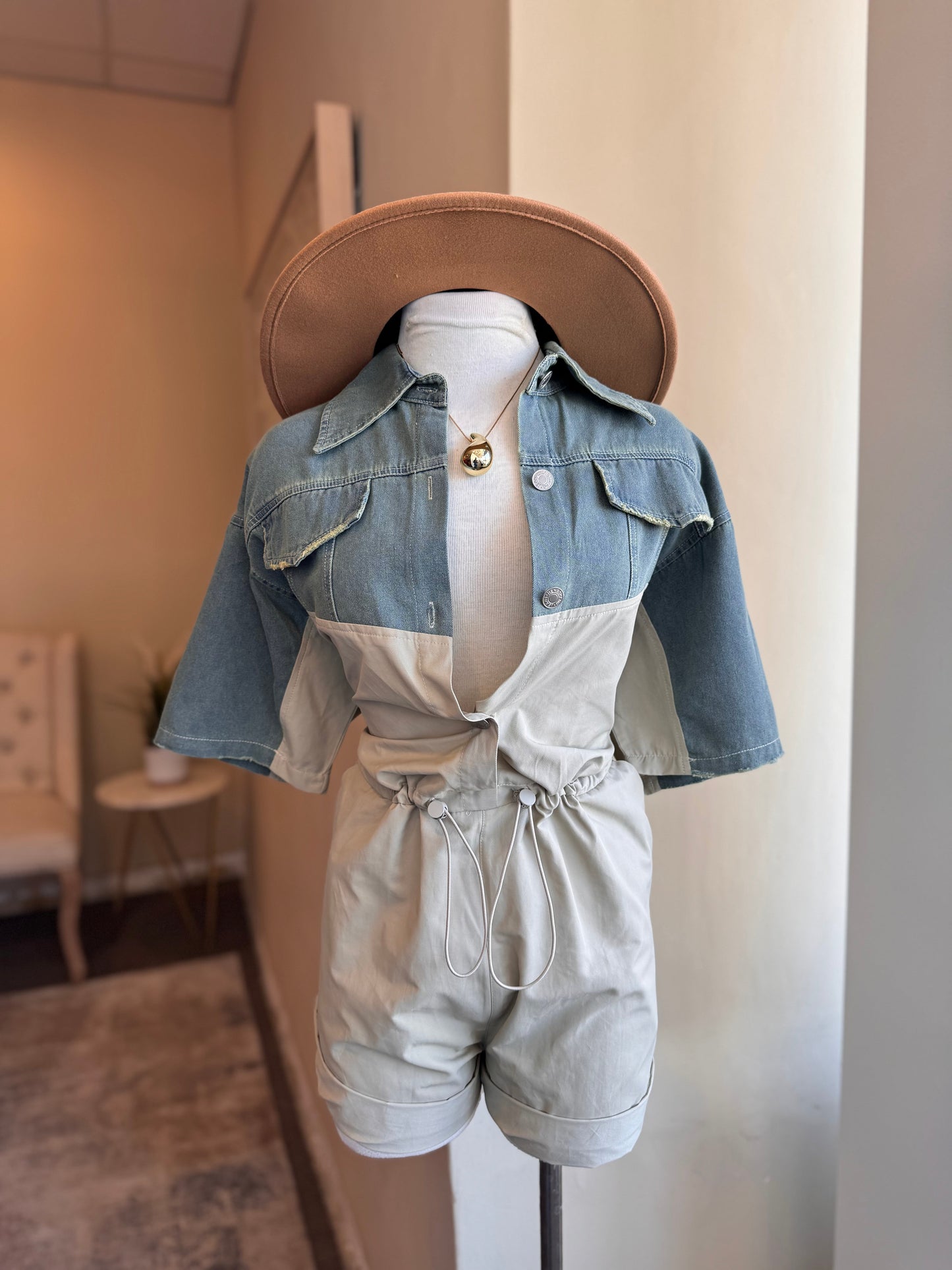 Half Khaki/ Denim Romper