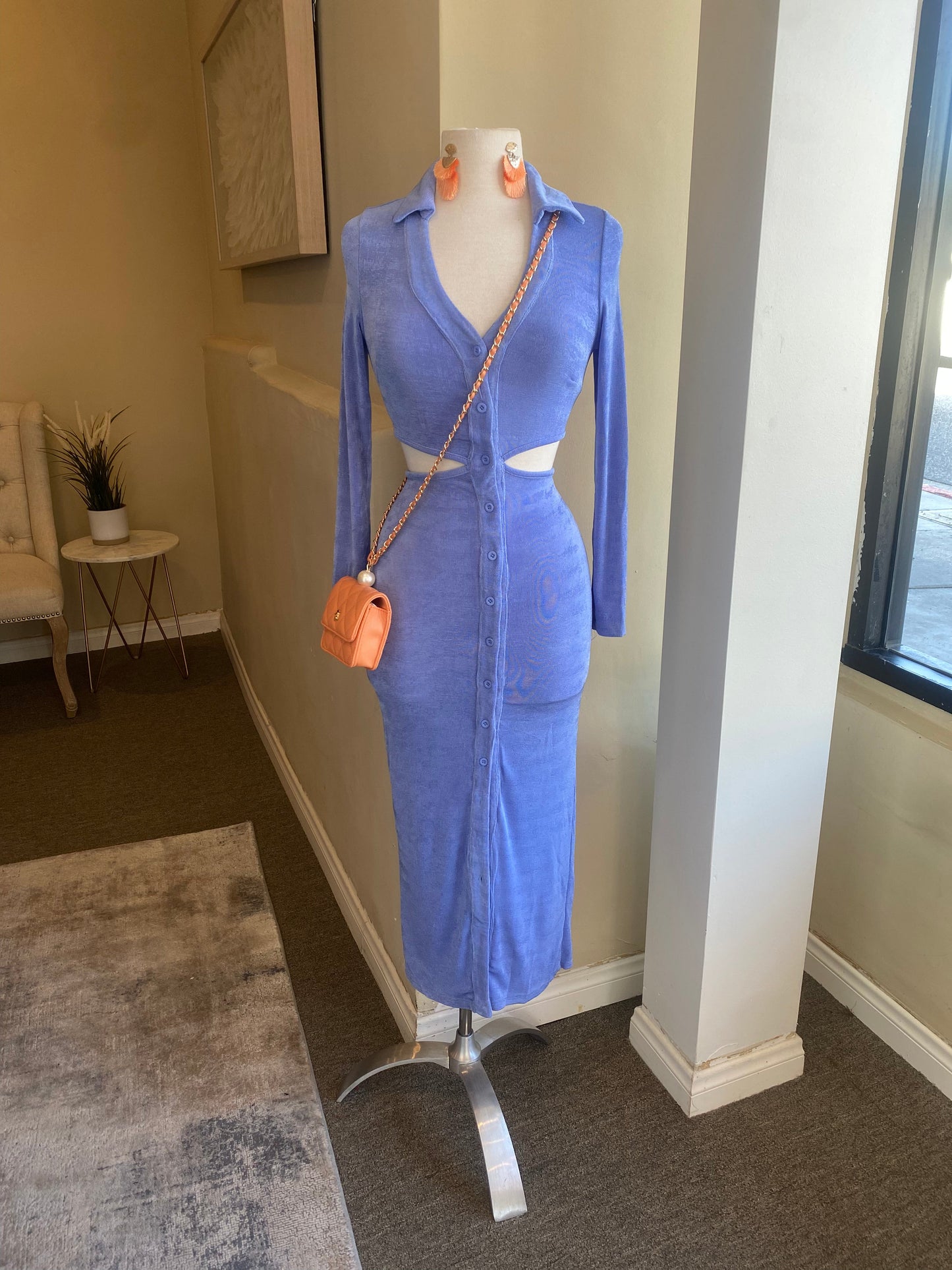 Button Long Sleeve Cutout Midi