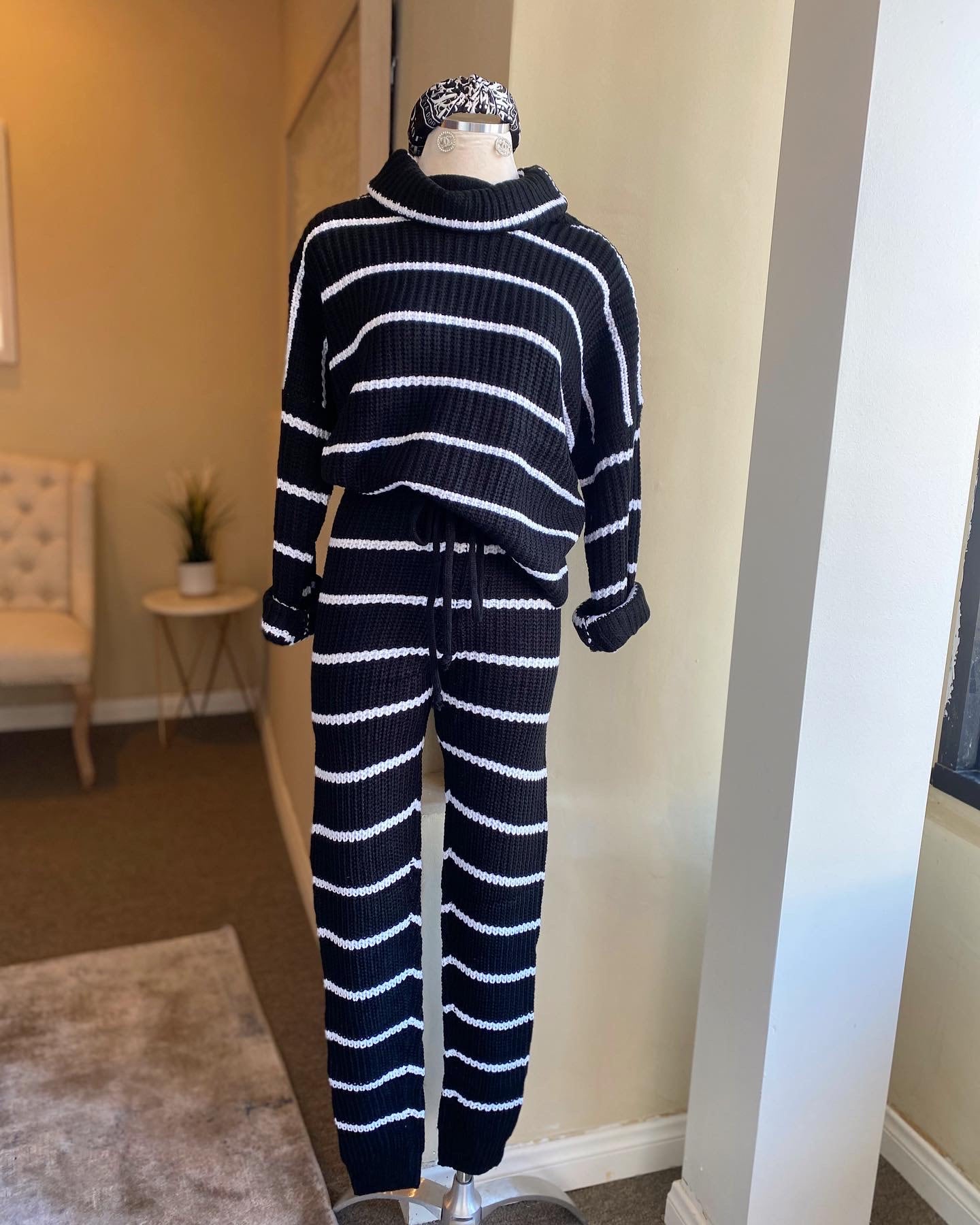 Stripe Knit Turtle Neck Set