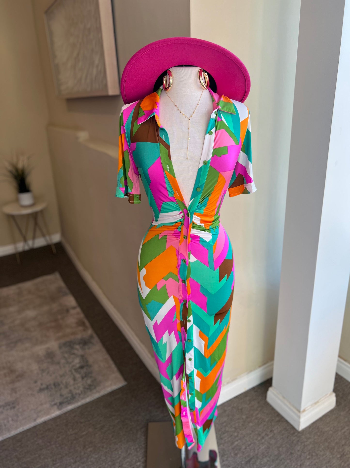 Half Sleeve Front Button Down Dress