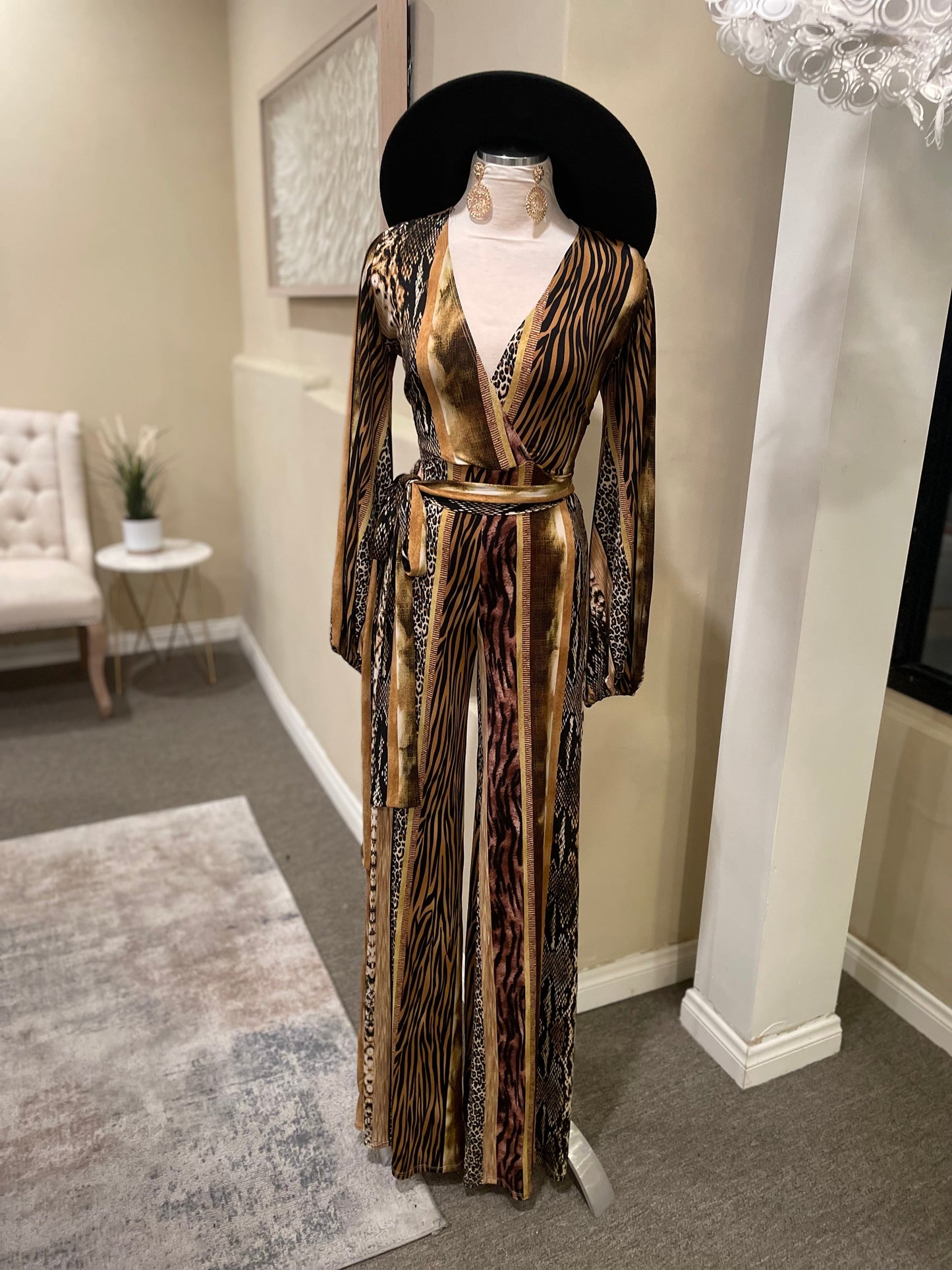 Deep V Long Sleeve Jumpsuit W Belt