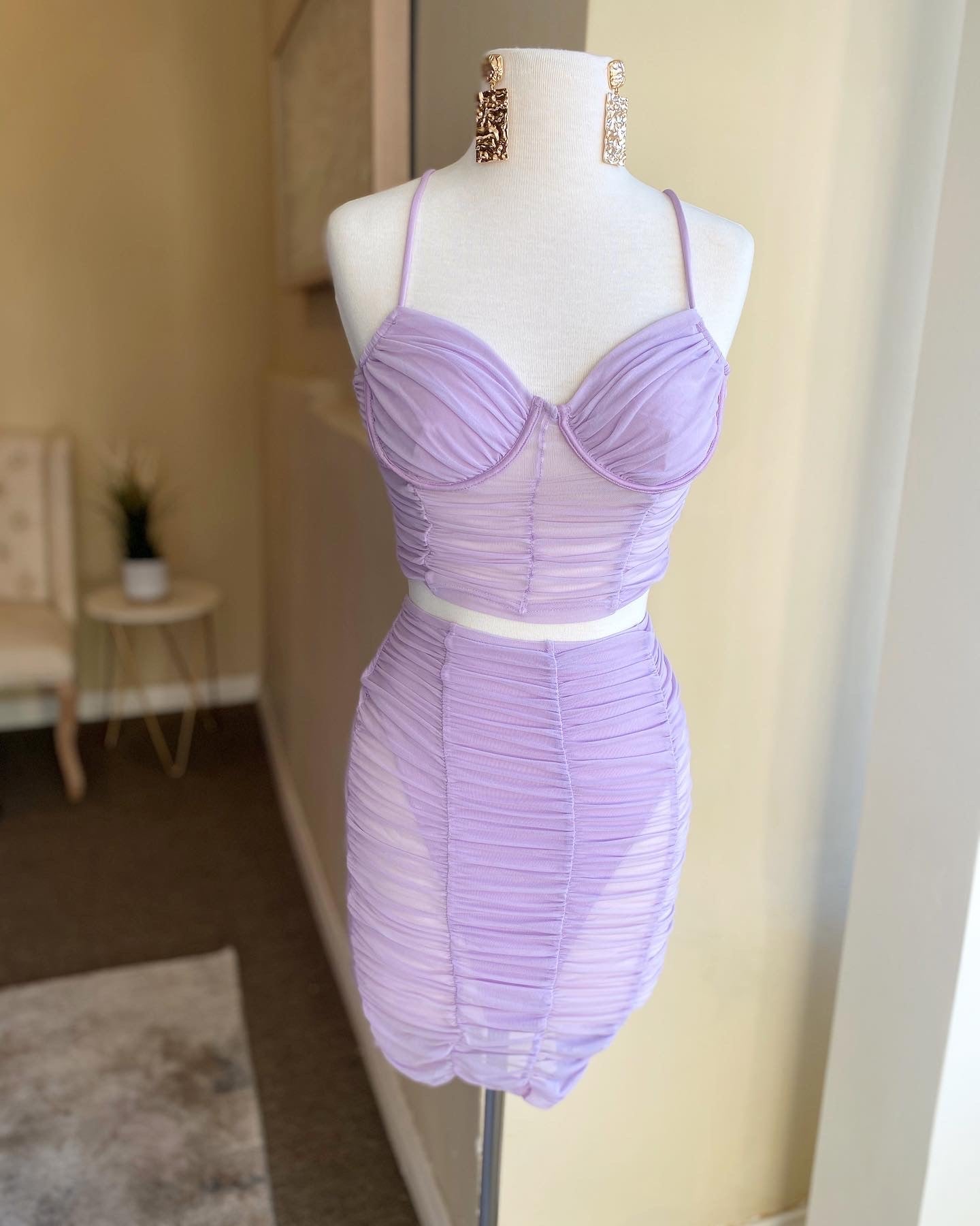 Lavender Mesh Ruched Set