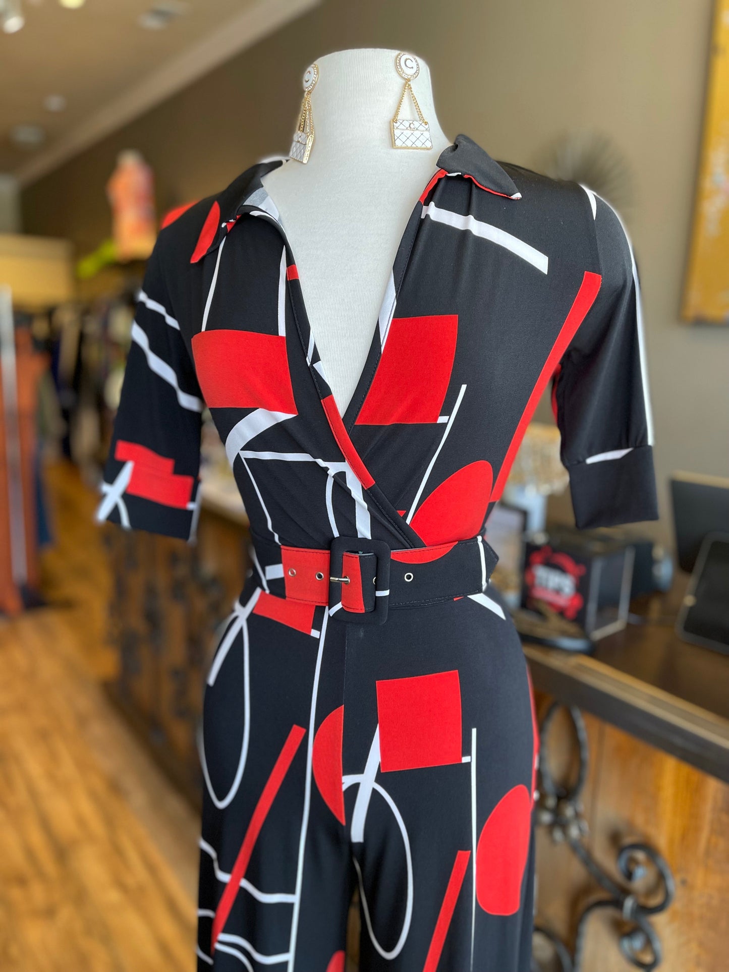 Deep Collar Half Sleeve Belt Jumpsuit