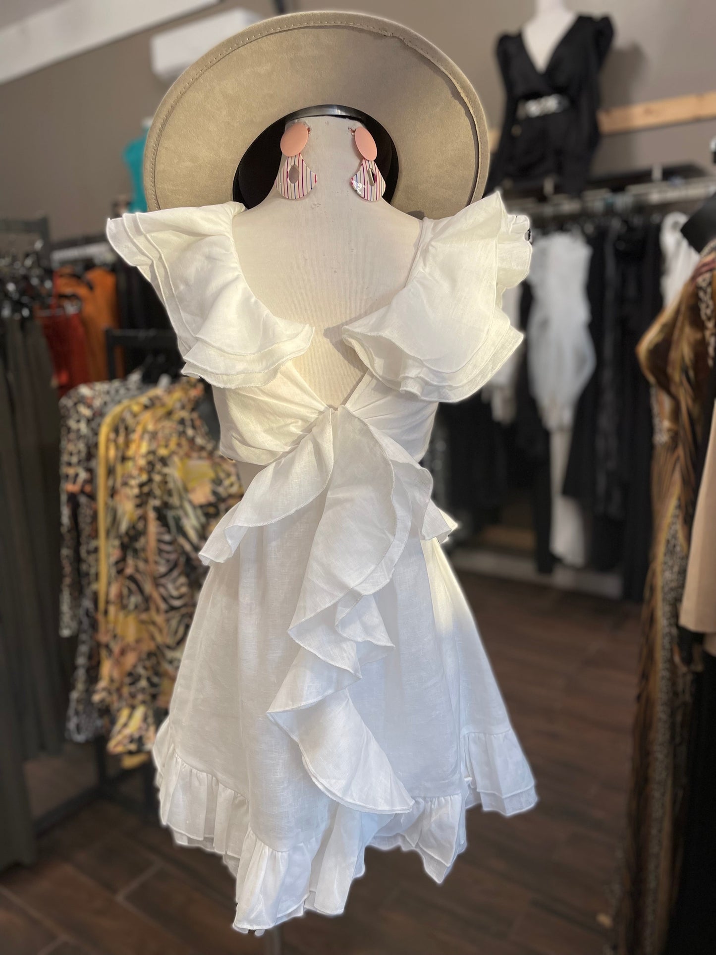 White Cut Out Ruffle Dress
