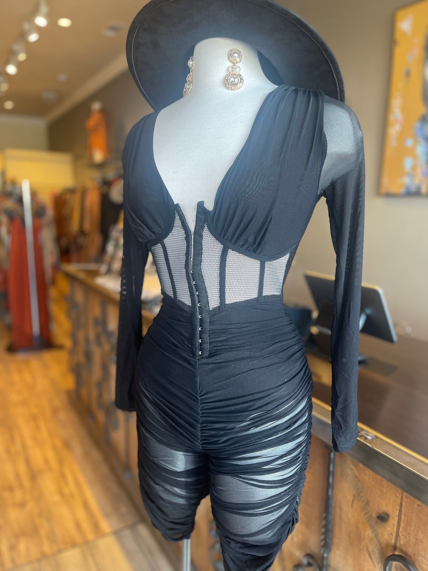 Mesh Long Sleeve Corset Romper