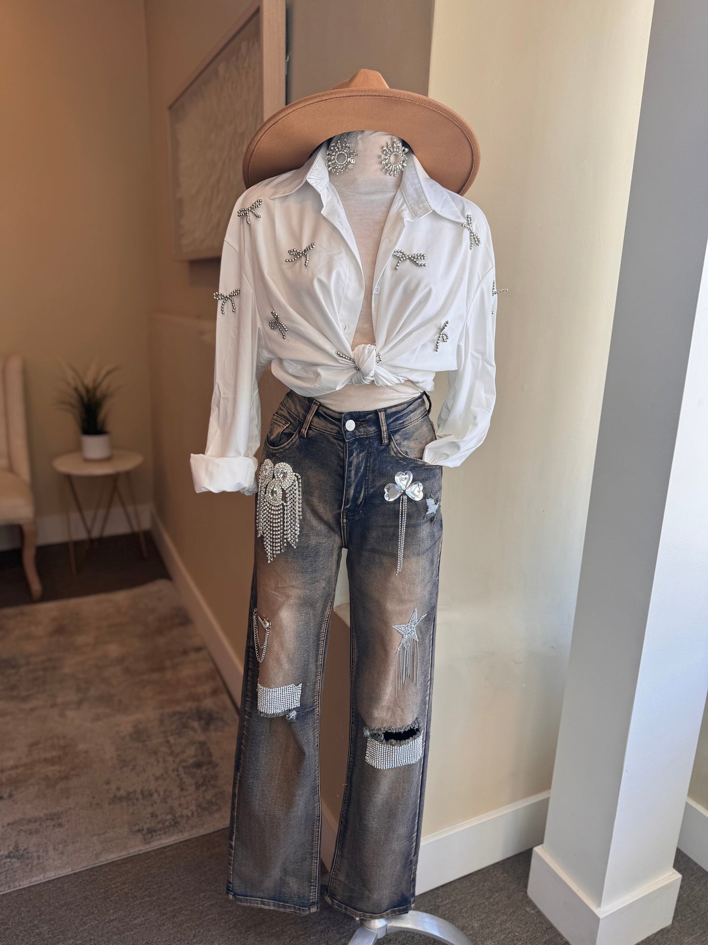 Rhinestone Trim Denim Pants