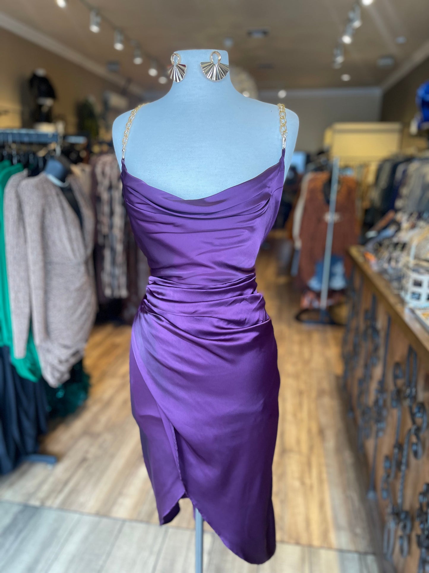 Satin Ruched Chain Strap Dress