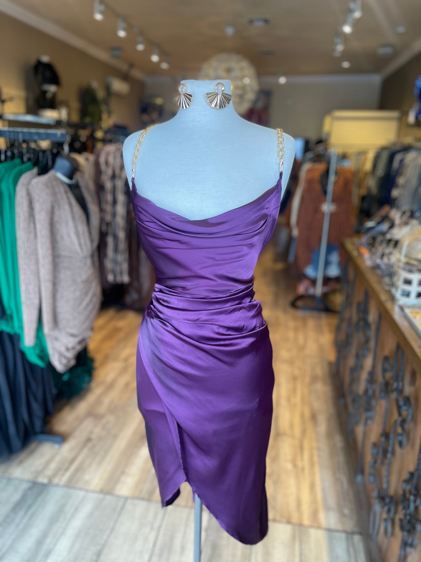 Satin Ruched Chain Strap Dress