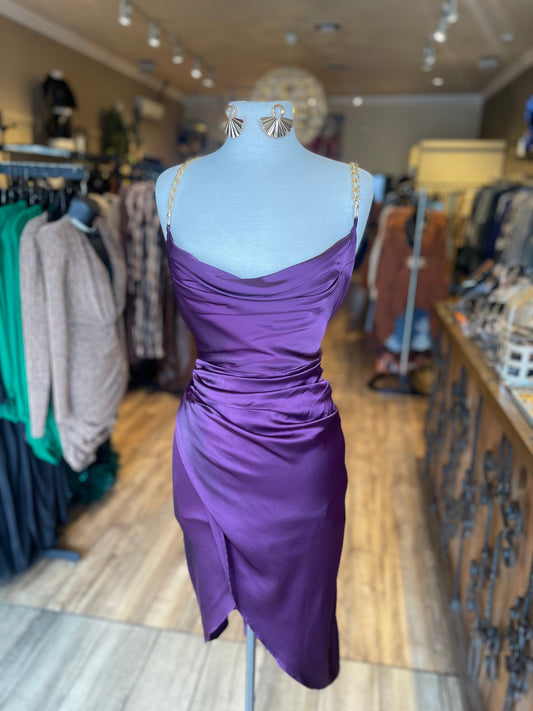 Satin Ruched Chain Strap Dress