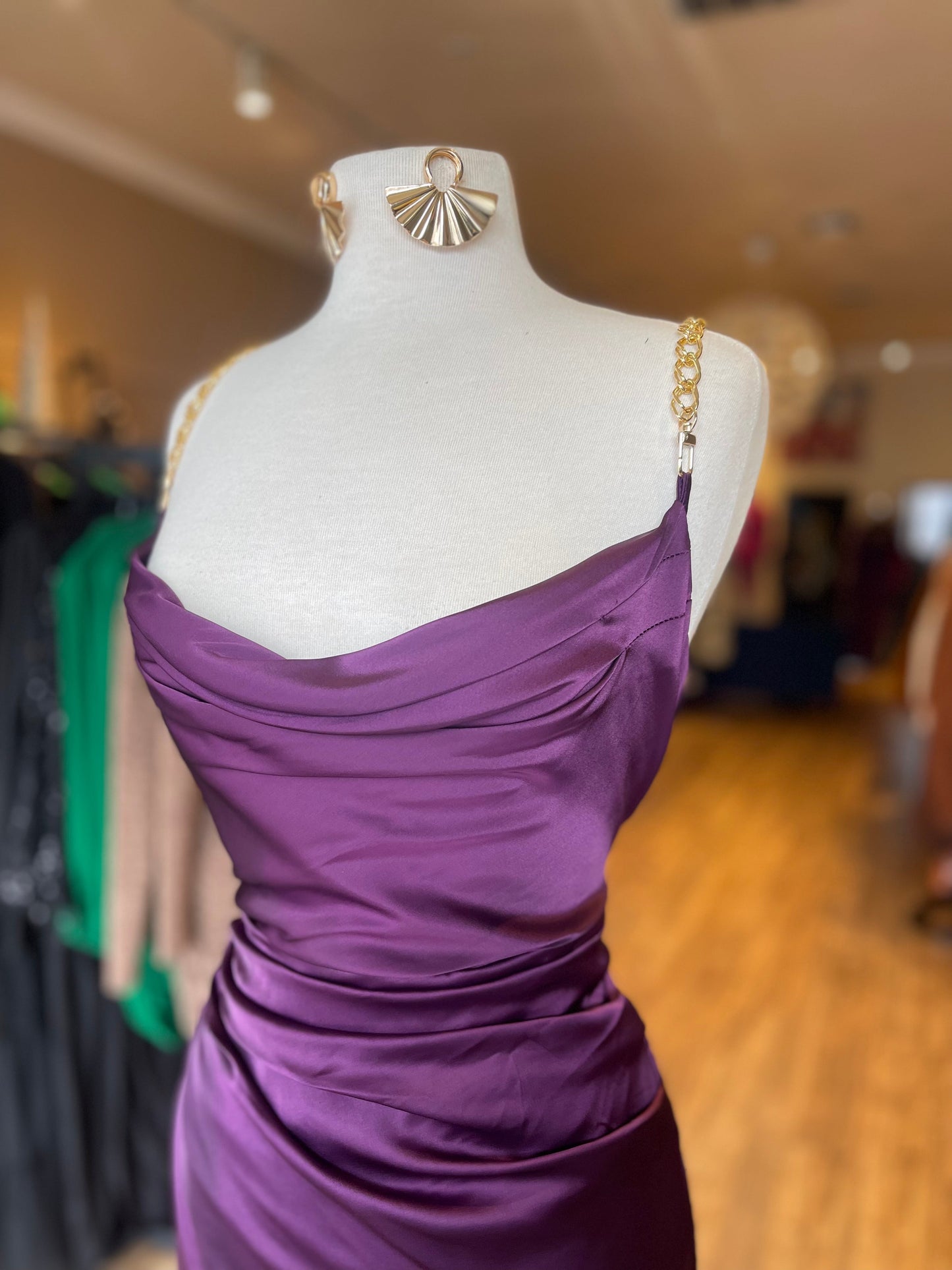 Satin Ruched Chain Strap Dress