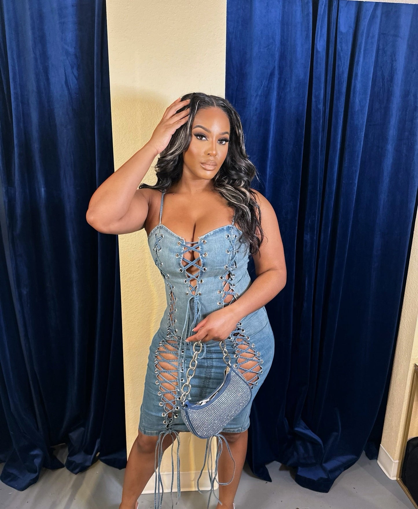 Denim Strap Shoulder MIDI Dress