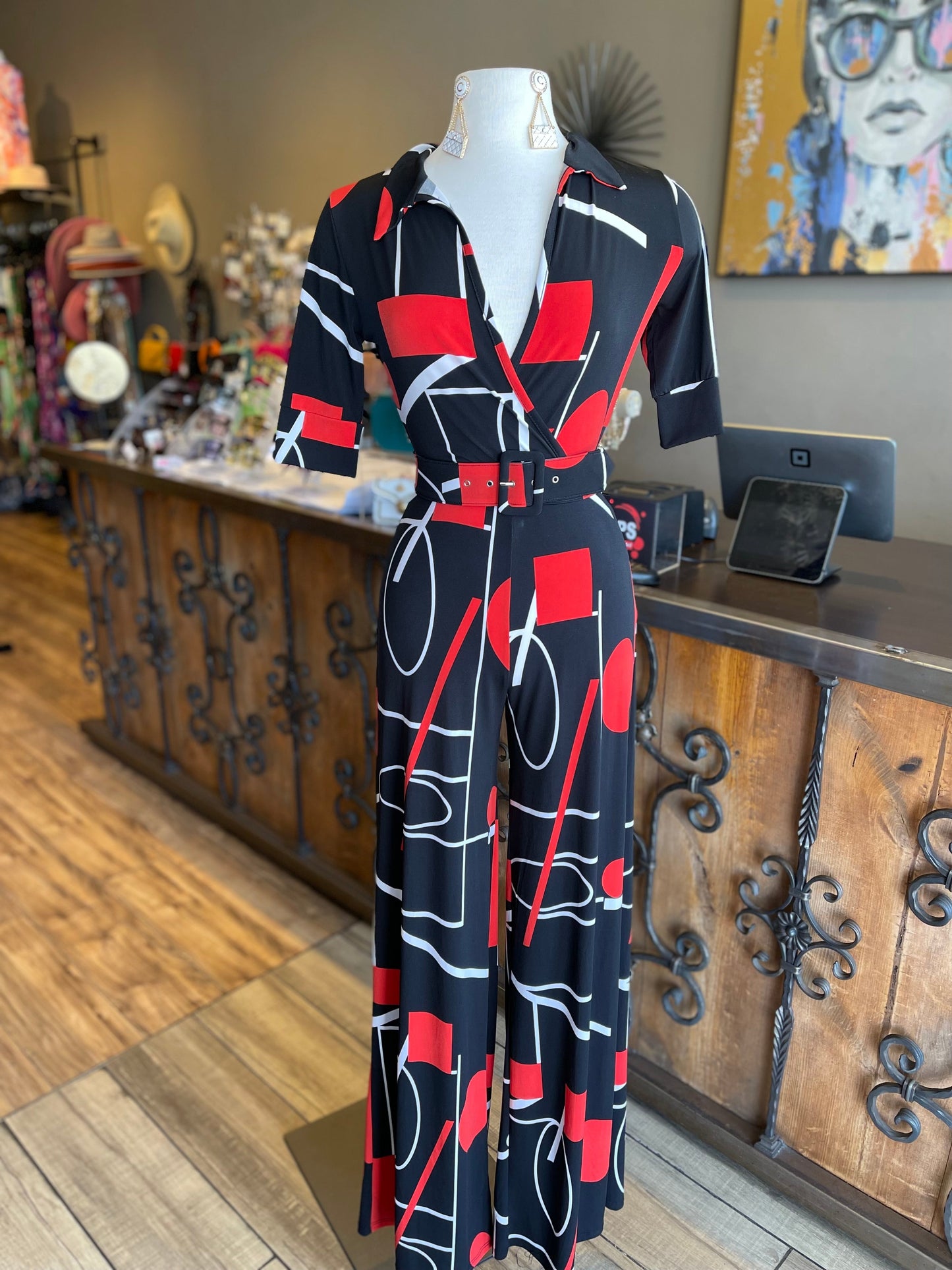 Deep Collar Half Sleeve Belt Jumpsuit