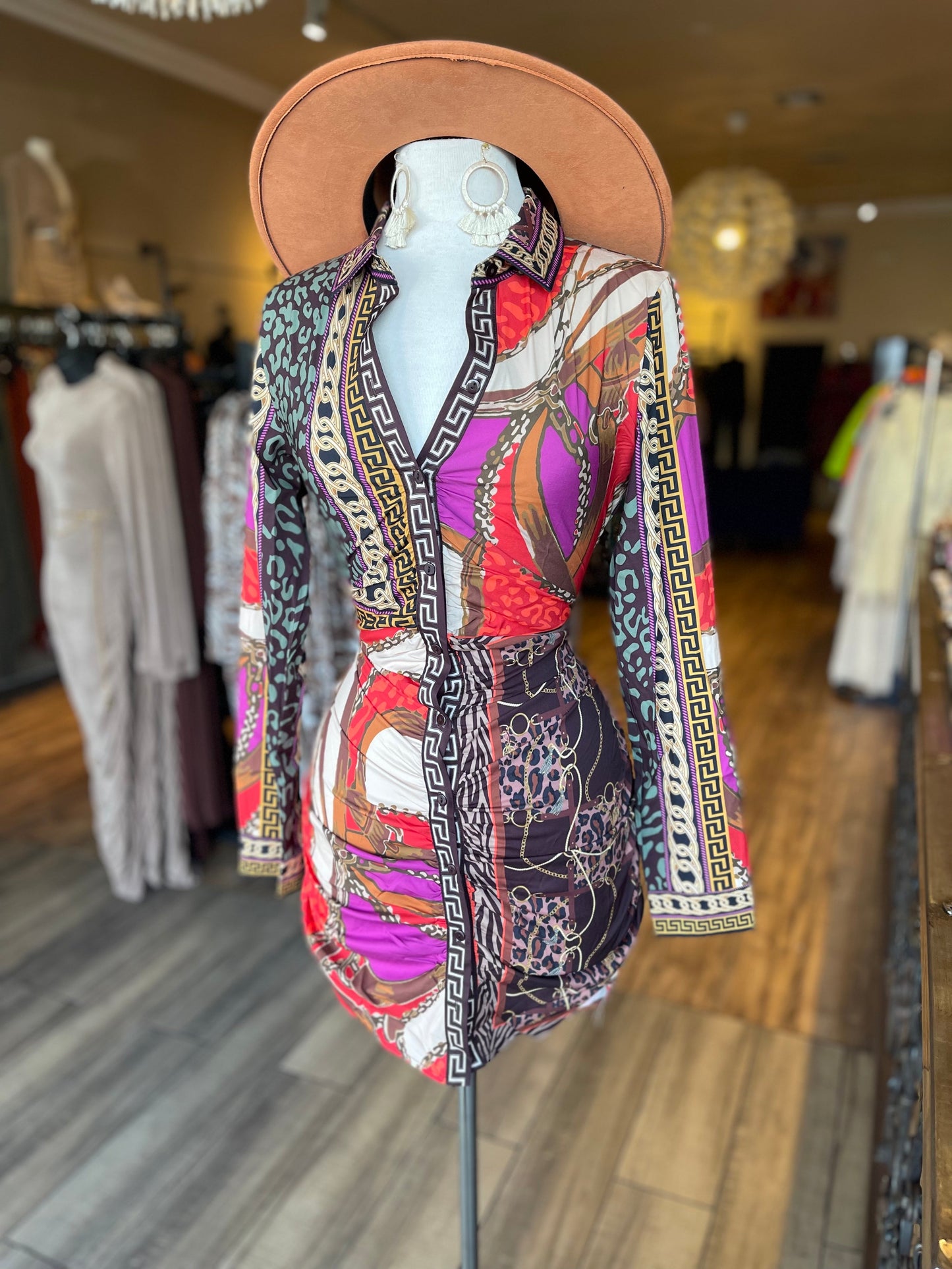 Pattern Long Sleeve Button Down Dress FINAL SALE