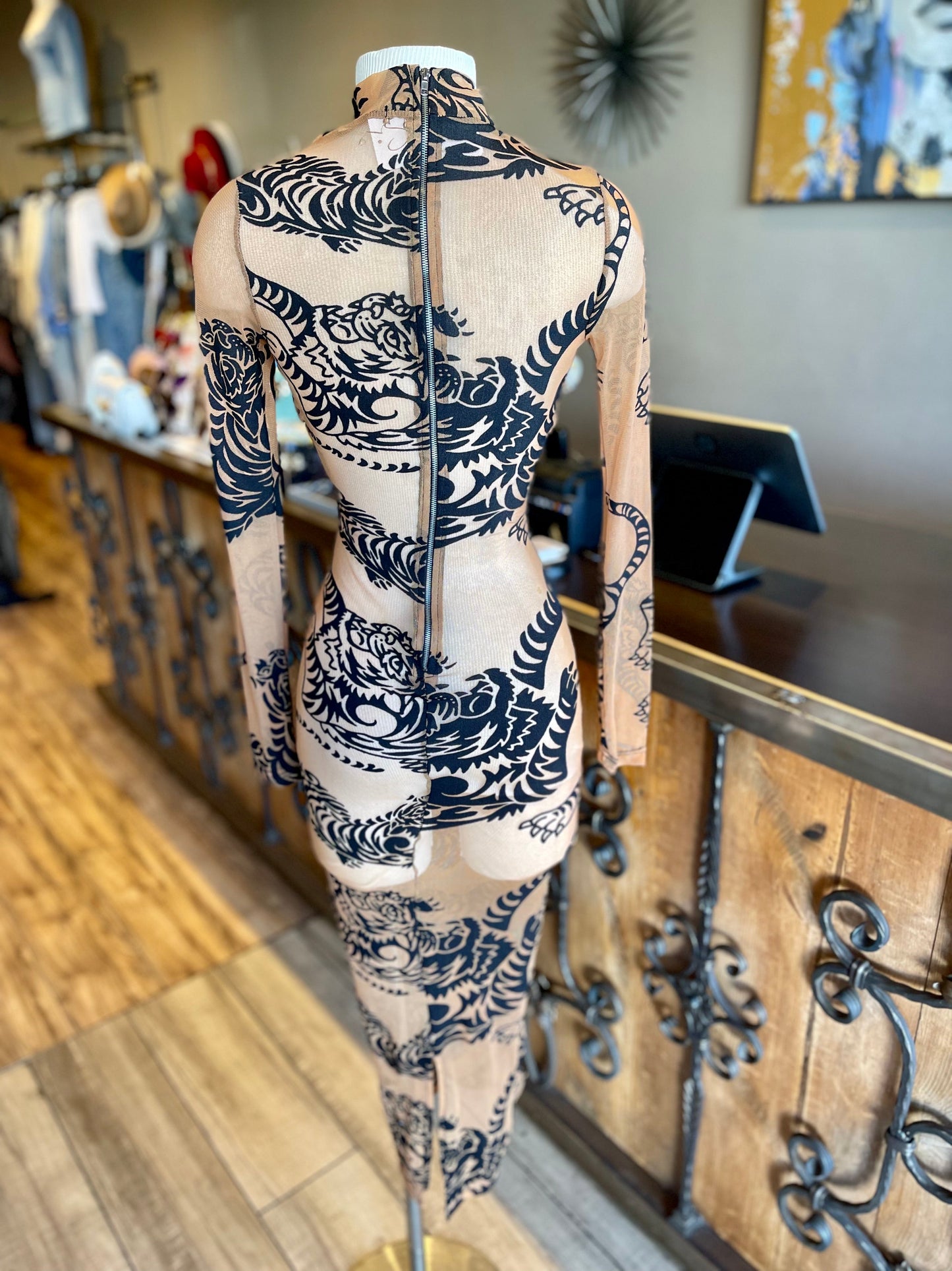 Mesh Tiger Printed MIDI Dress