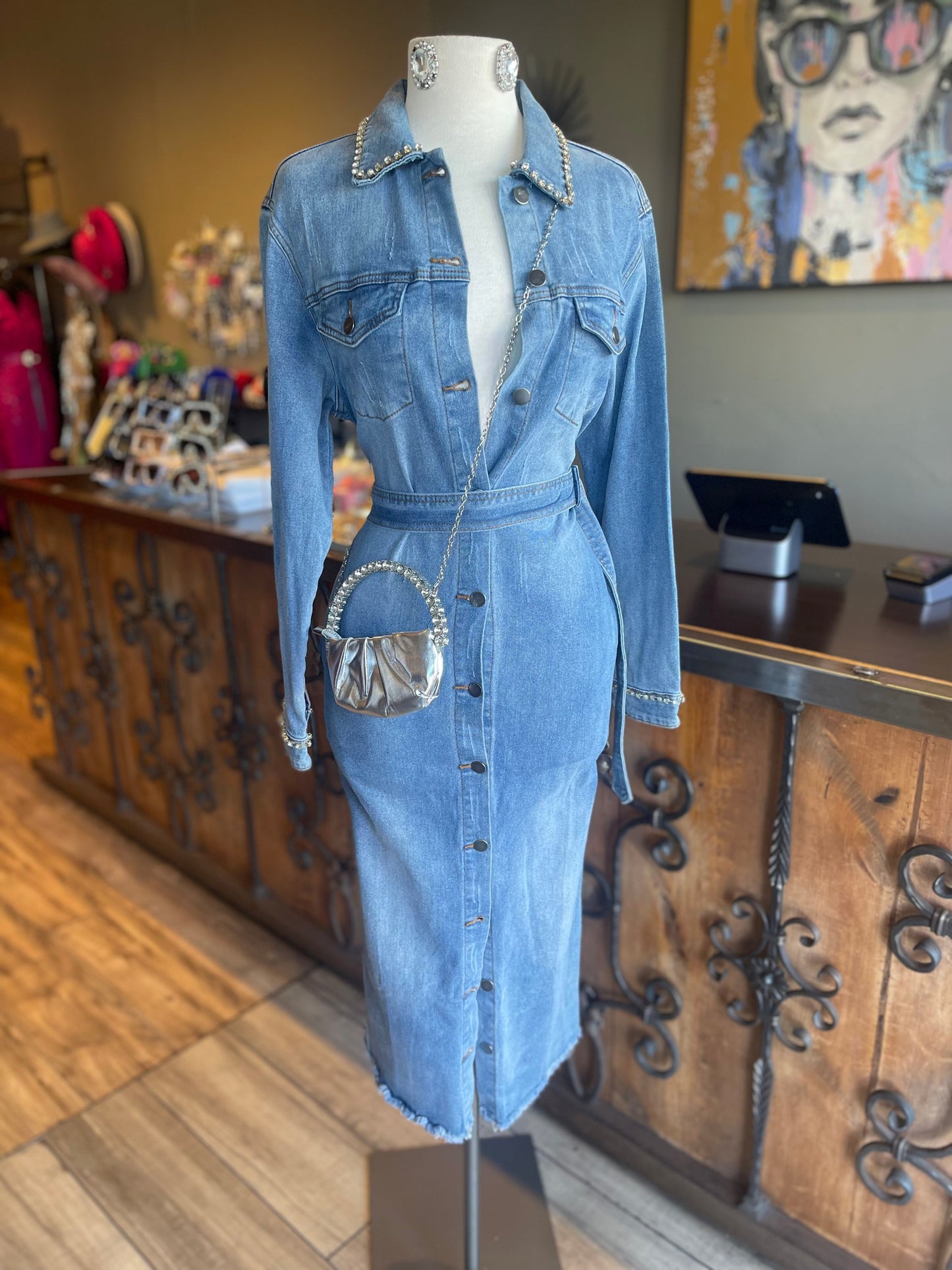 Crystal Collar Denim Dress
