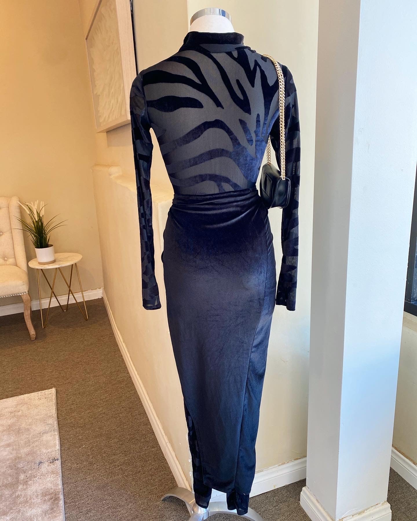 Velvet Zipper Back Jumpsuit w Cover Skirt