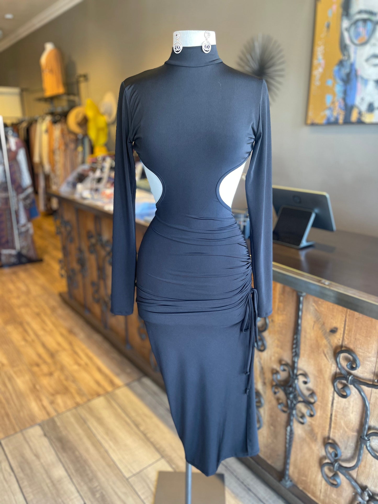 Long Sleeve Slit Open Back Ruched Dress