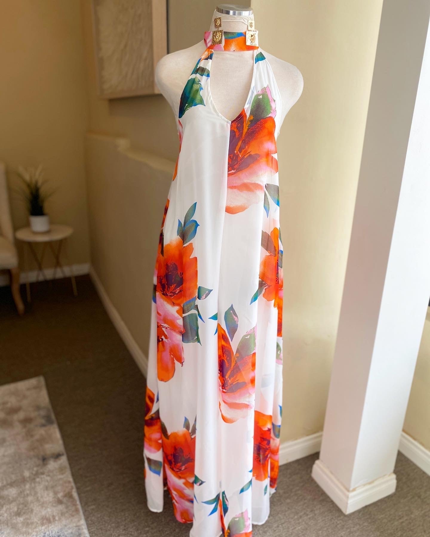 Multi Chiffon Deep V Halter Jumpsuit