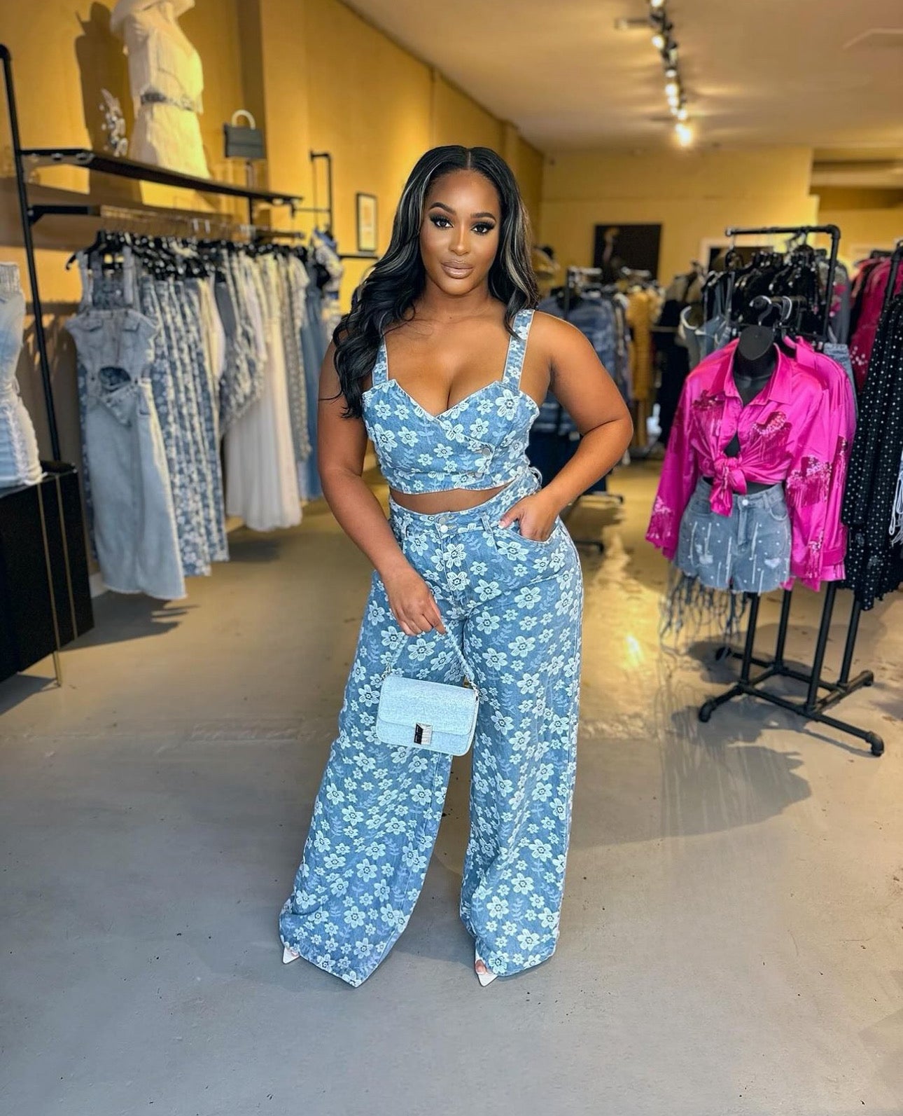 Denim Floral Crop Set