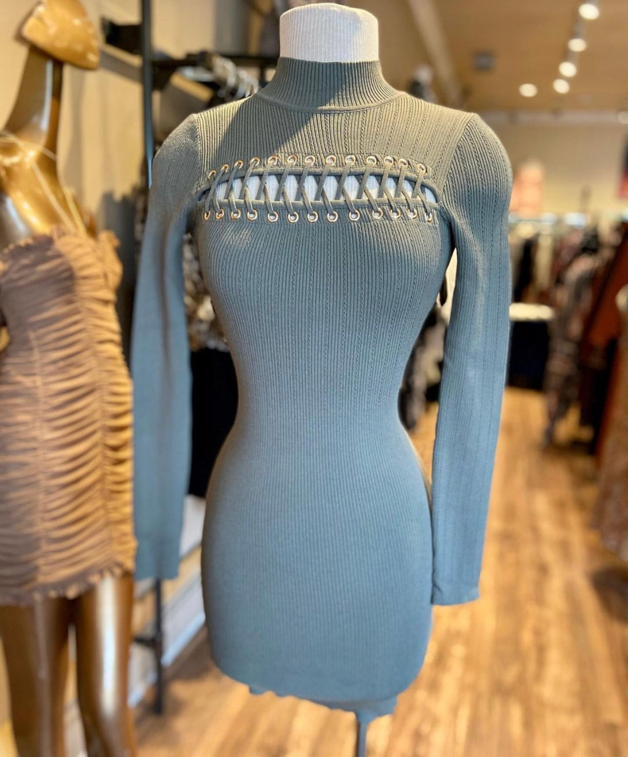 Lace Up Long Sleeve Mini Dress
