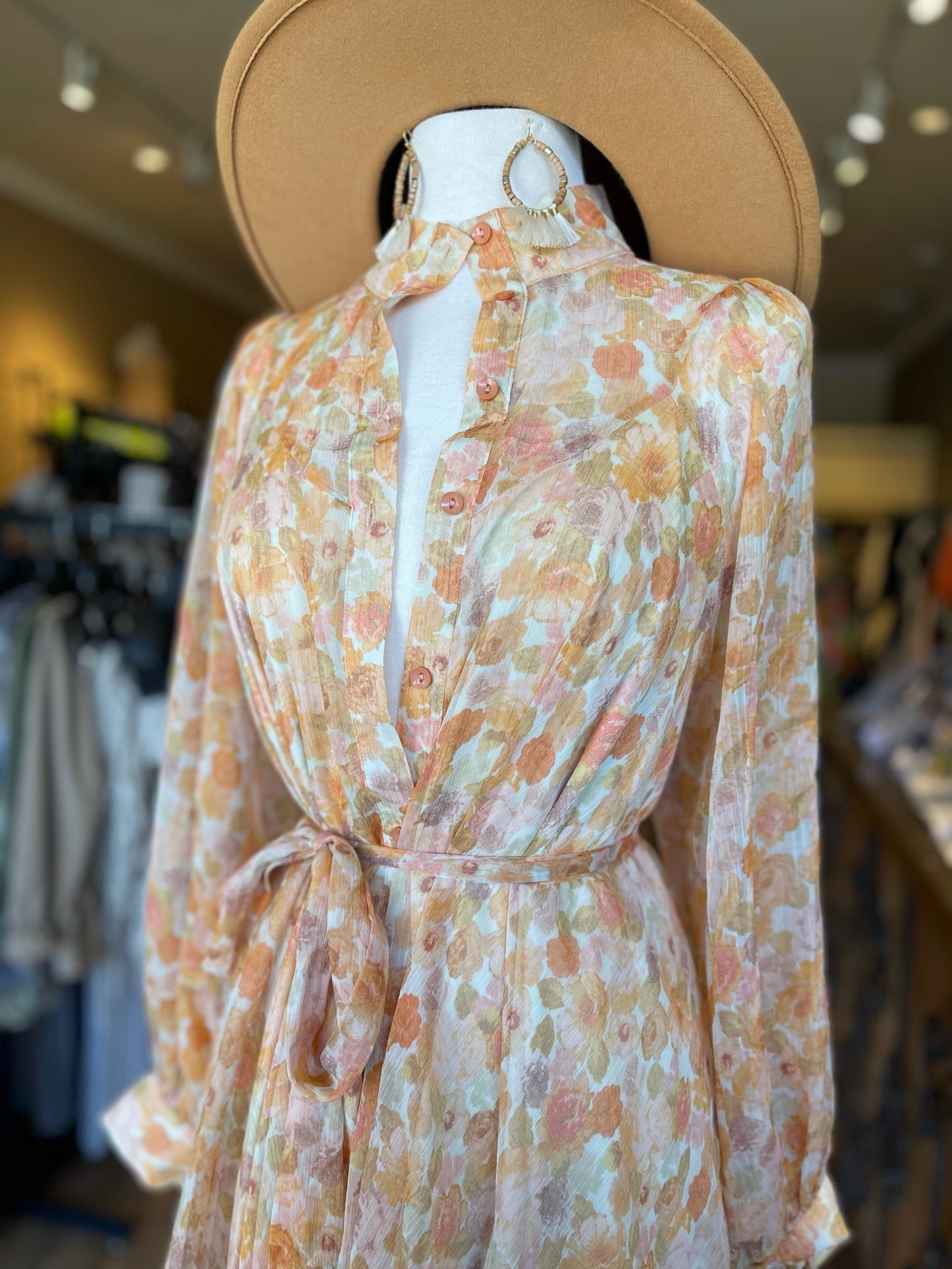 High Neck Belted Floral Chiffon