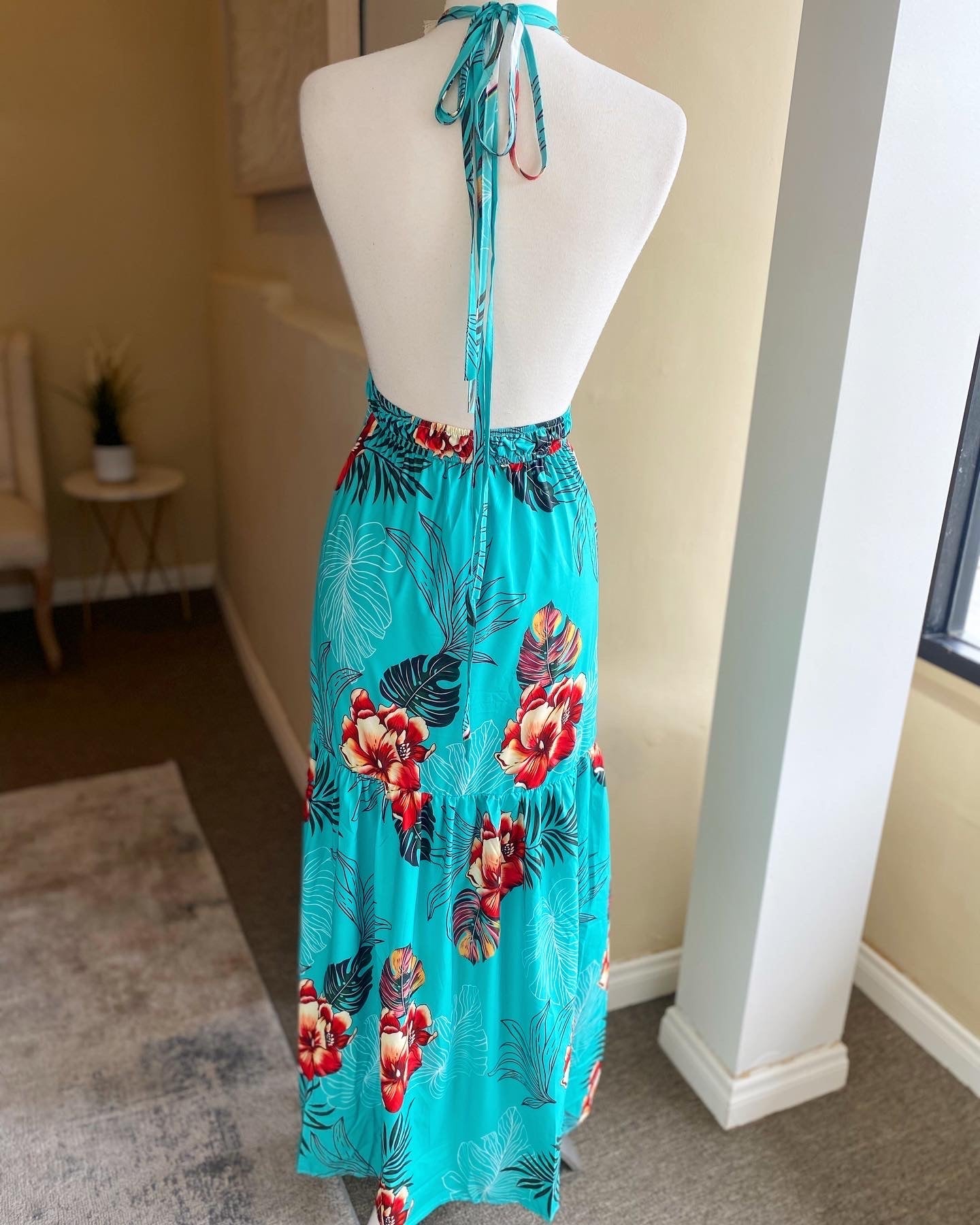 Floral Ruffle Bottom Halter Dress