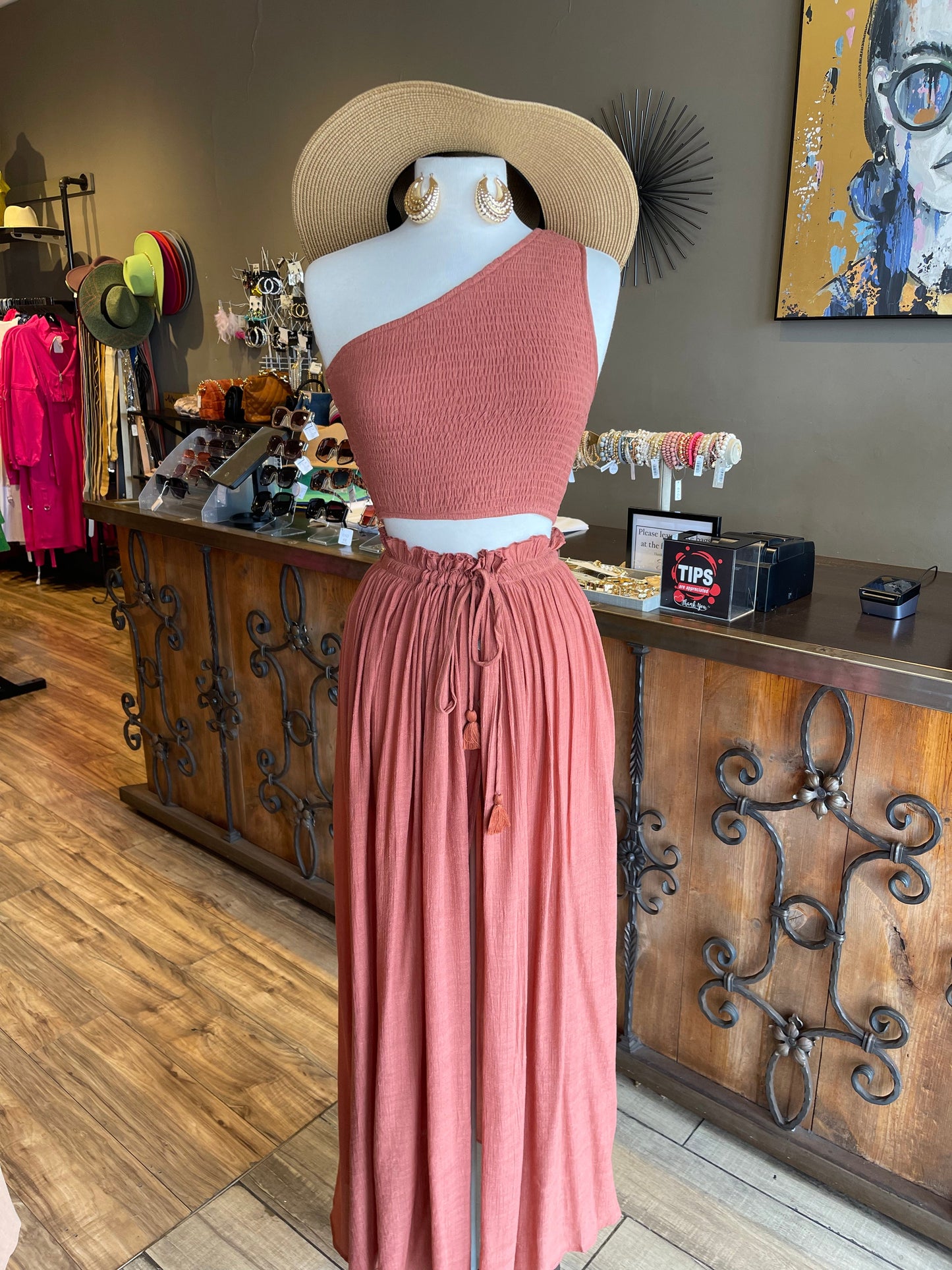 One Shoulder Smocked Top W Skirt Set