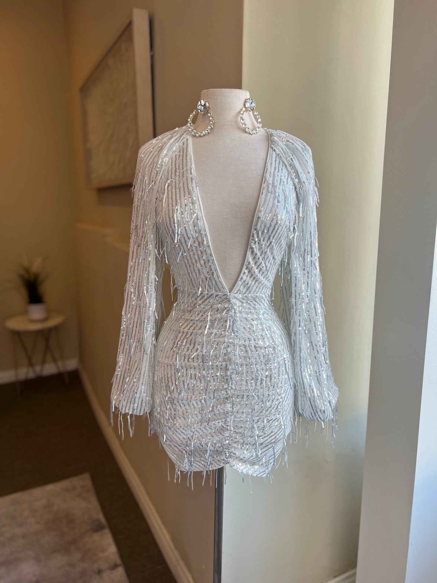 V Cut Balloon Sequin Dress