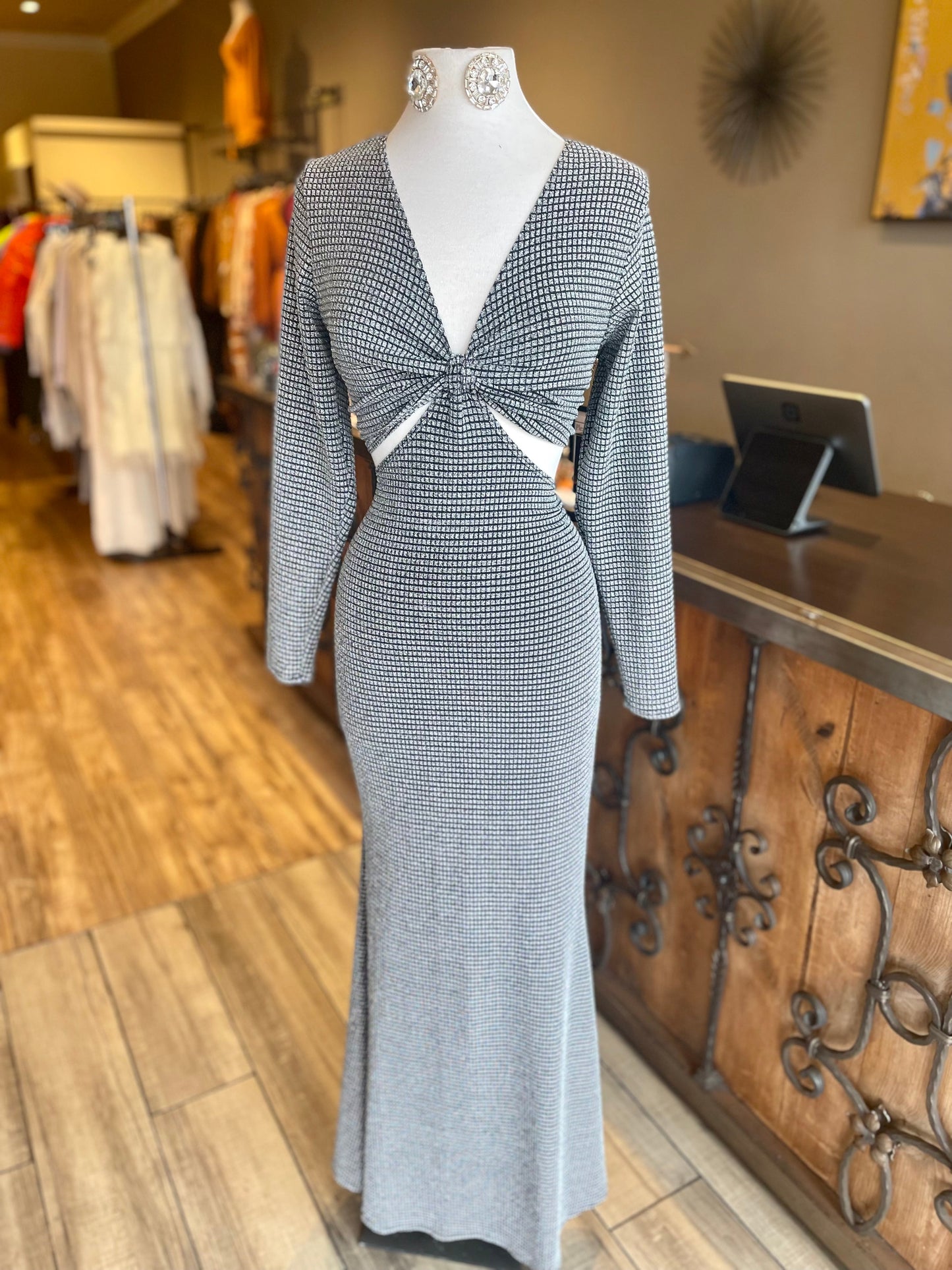 Metallic Knit Deep V Crop Long Dress