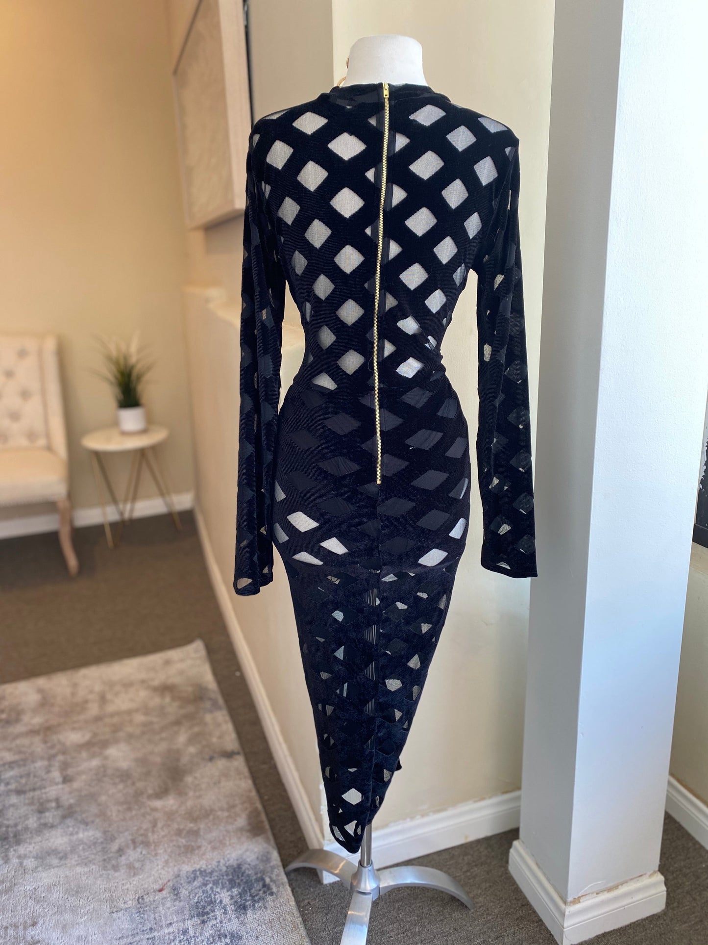Burn Out Mesh Long Sleeve Midi Dress