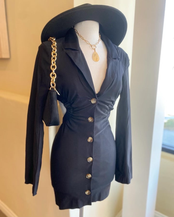 Front Button Long Sleeve Backless Dress FINAL SALE