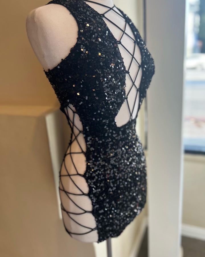 Sequined Velvet Cutout Lace Up Dress