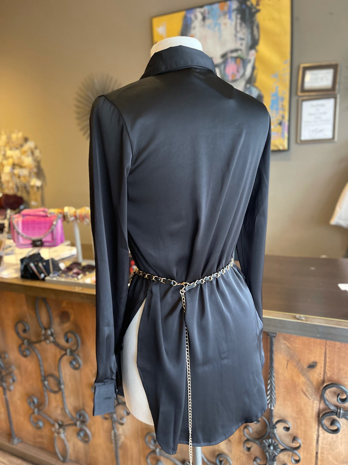 Satin Button Down Blouse W Slit