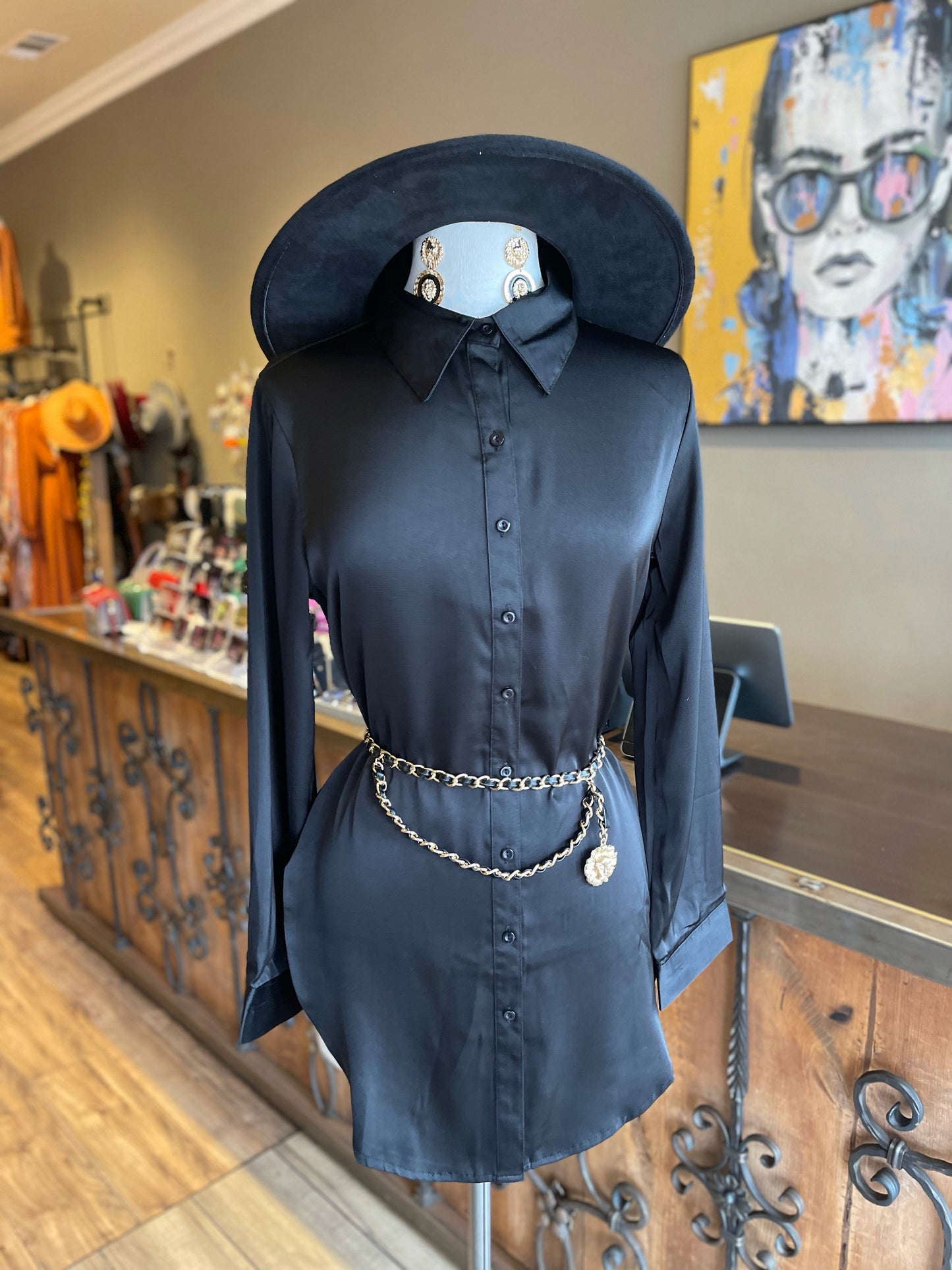 Satin Button Down Blouse W Slit