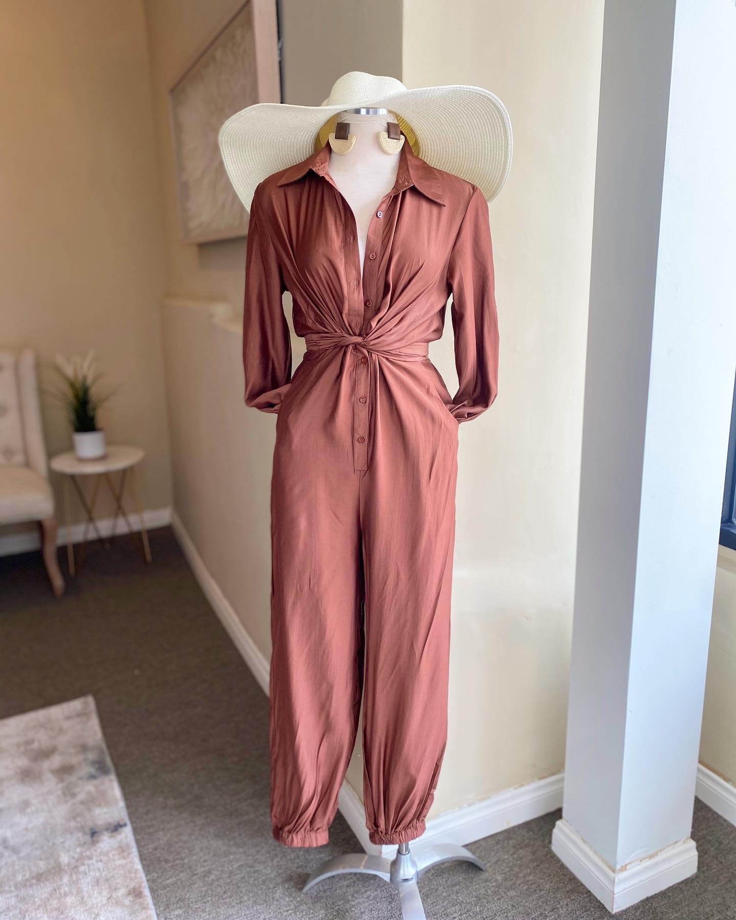 Button Down Twist Tie Front Jumpsuit
