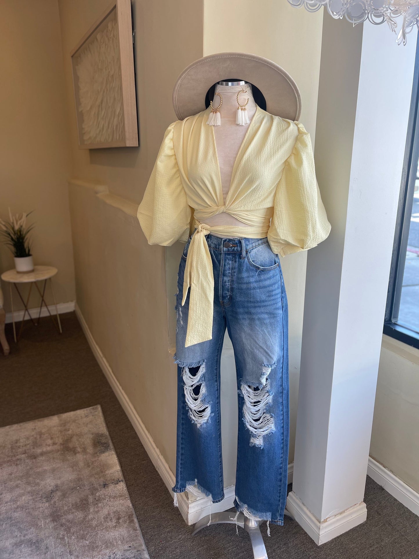 Pouf Sleeve Deep V Top