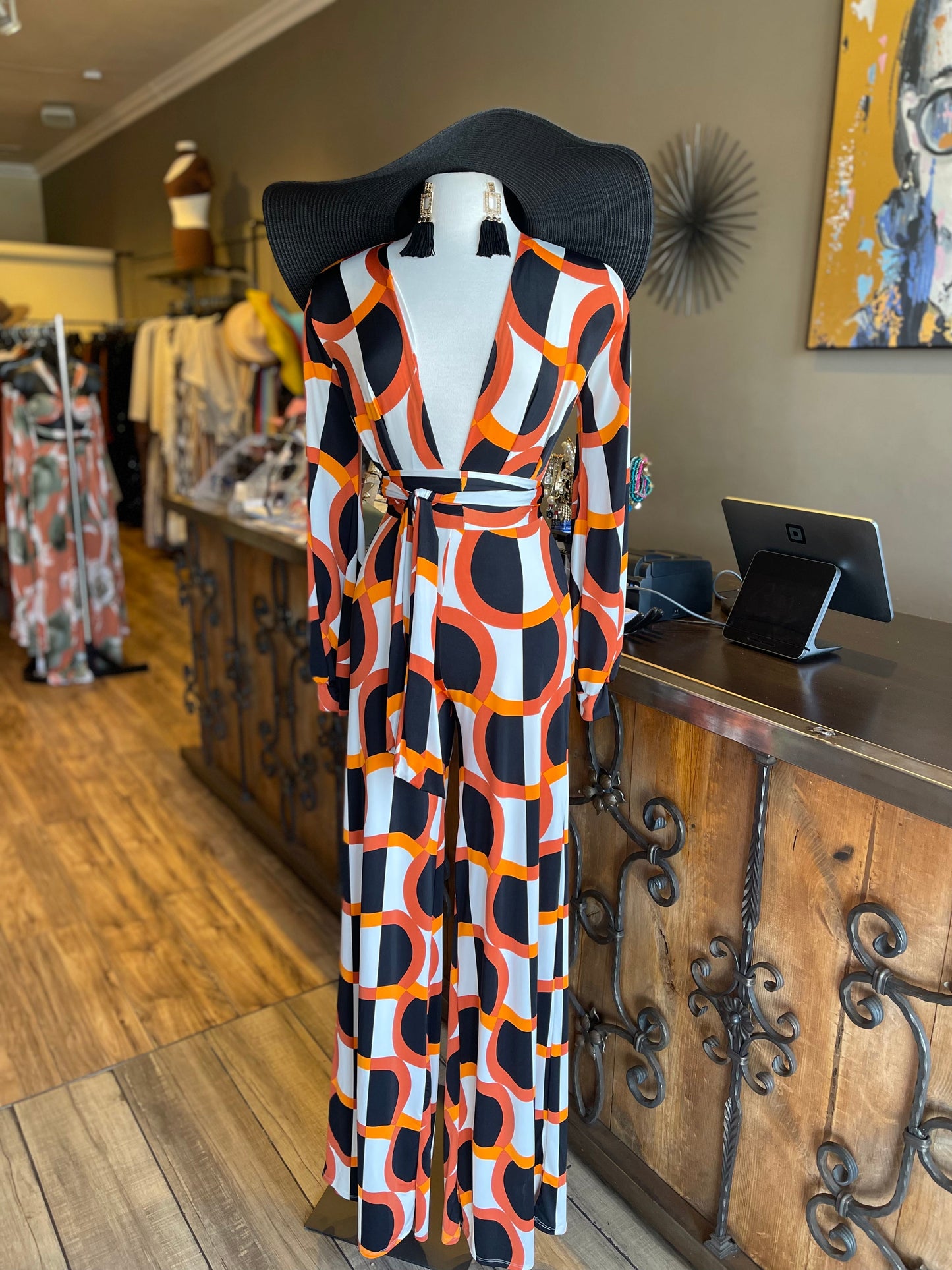 Long Sleeve Deep V Wide Leg Jumpsuit