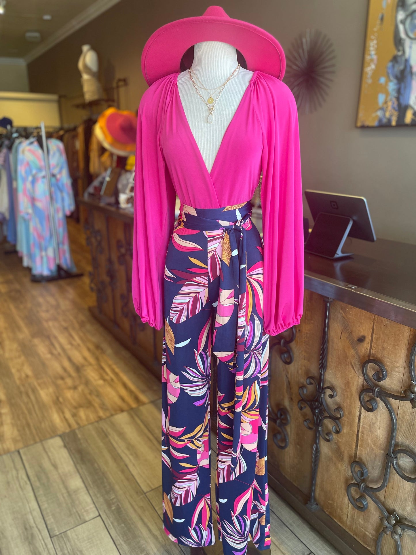 Tie Long Sleeve Print Jumpsuit