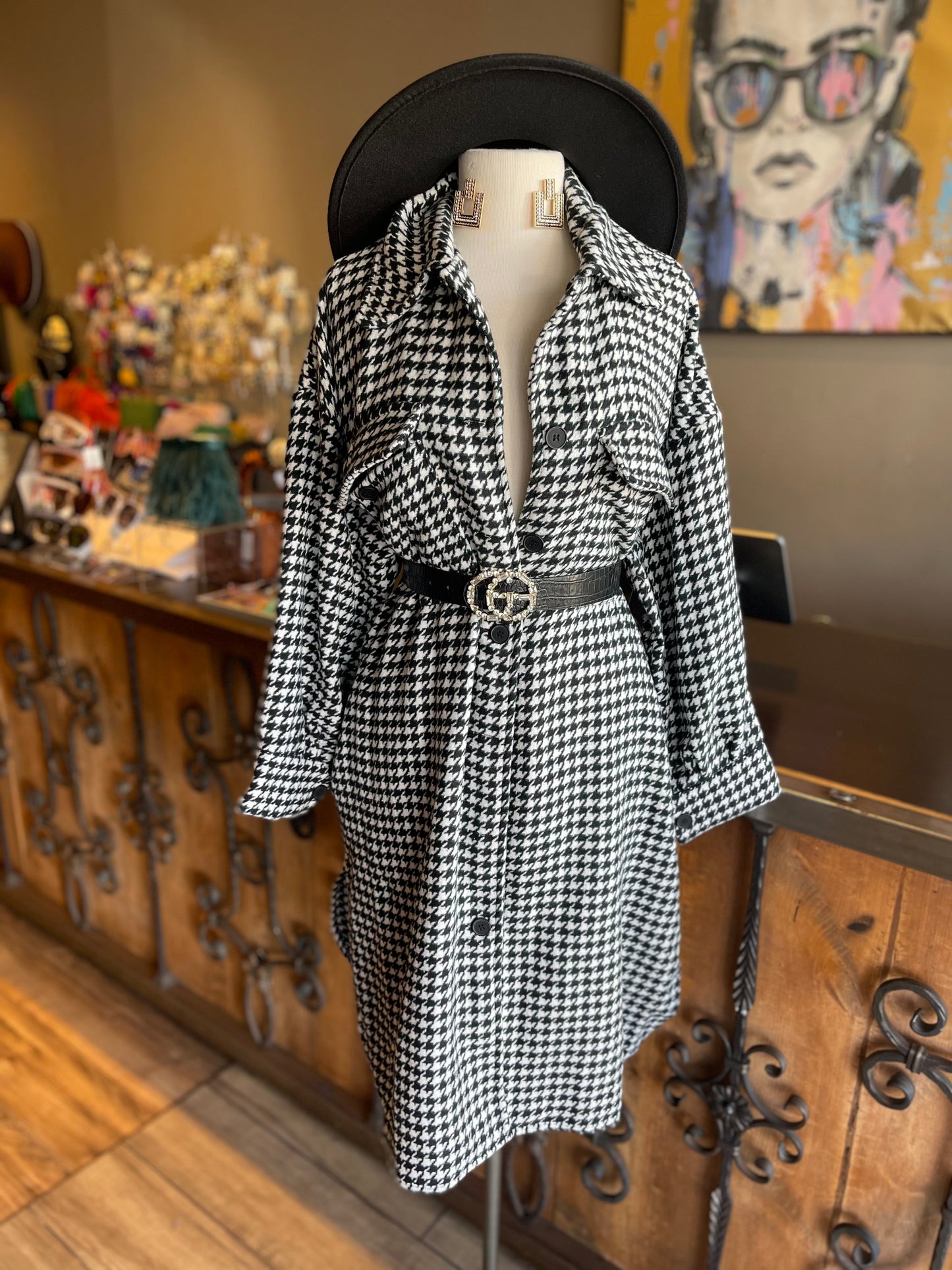 Side Seam HoundStooth Button Down Jacket