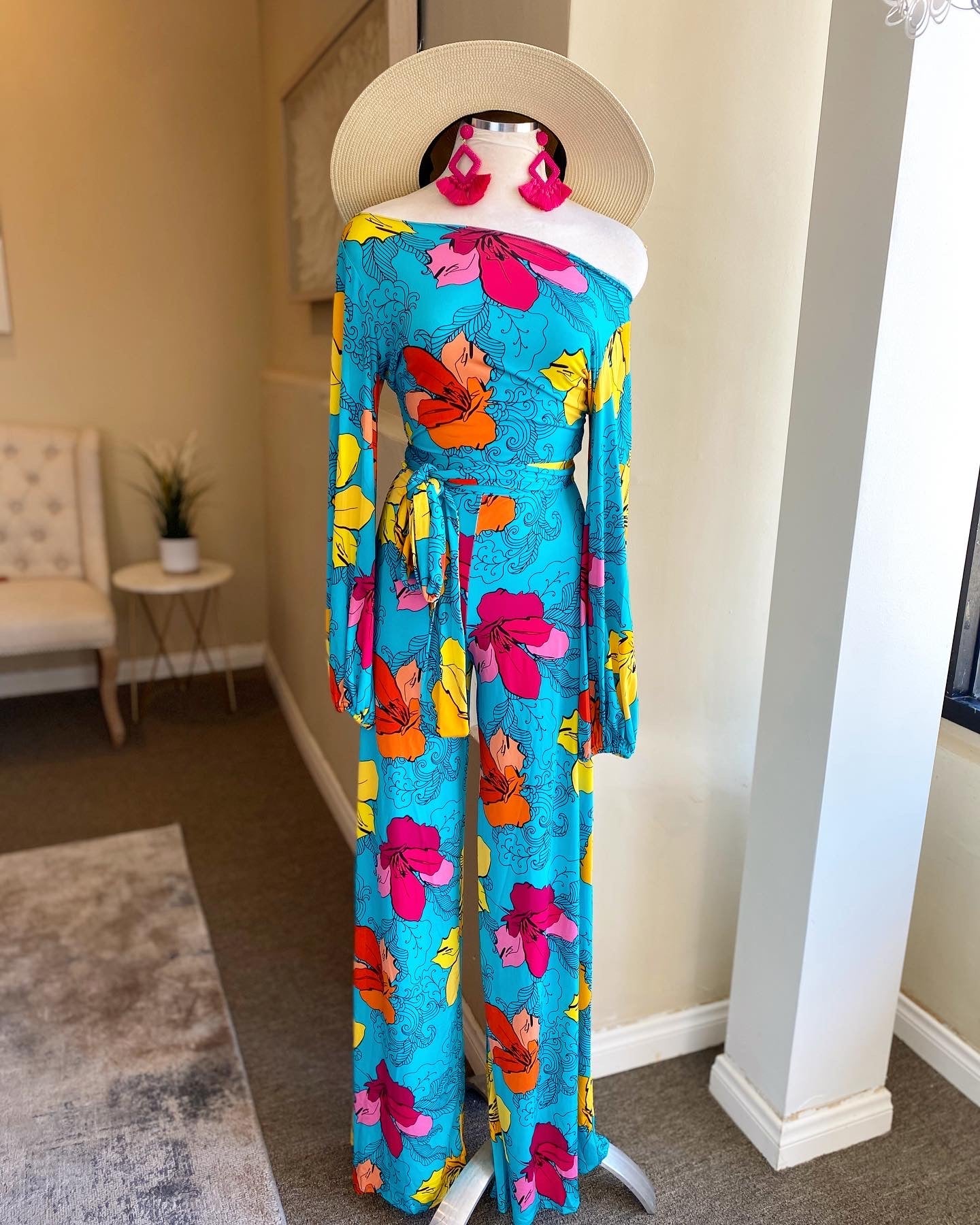 Belted Floral Wide Leg Jumper
