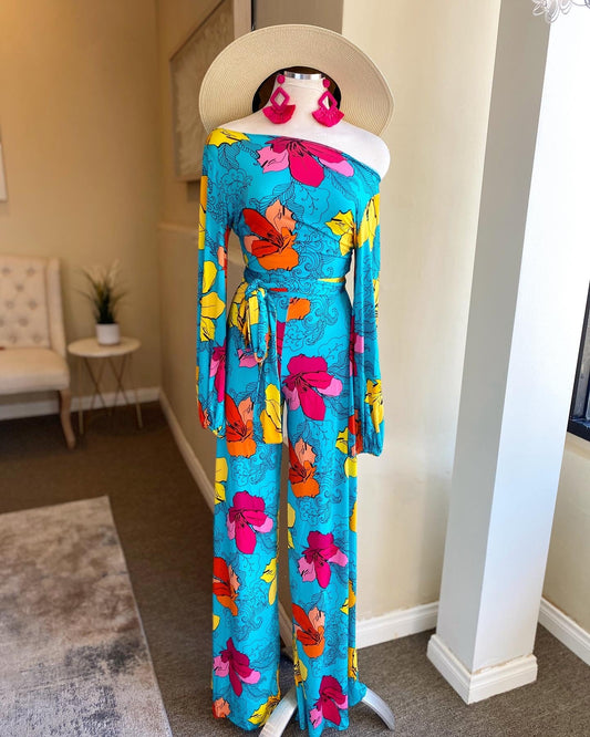 Belted Floral Wide Leg Jumper