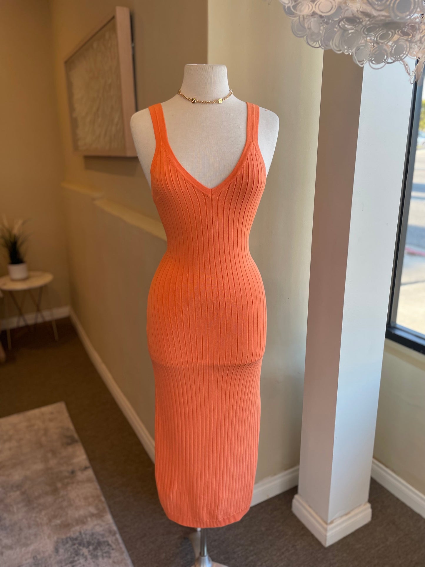 Knit Rib Deep V Back Sleeveless Dress