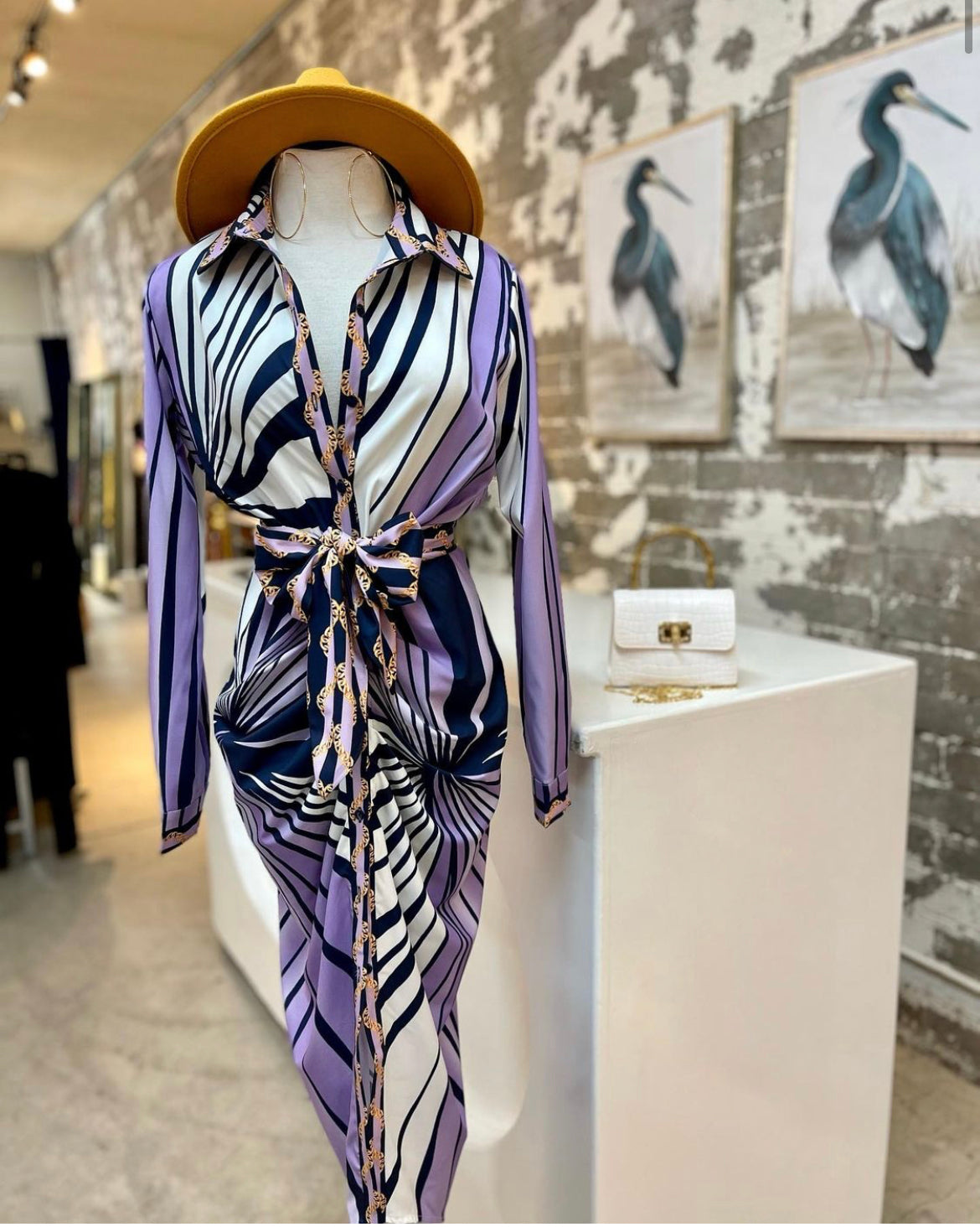 Printed Satin Long Sleeve Dress