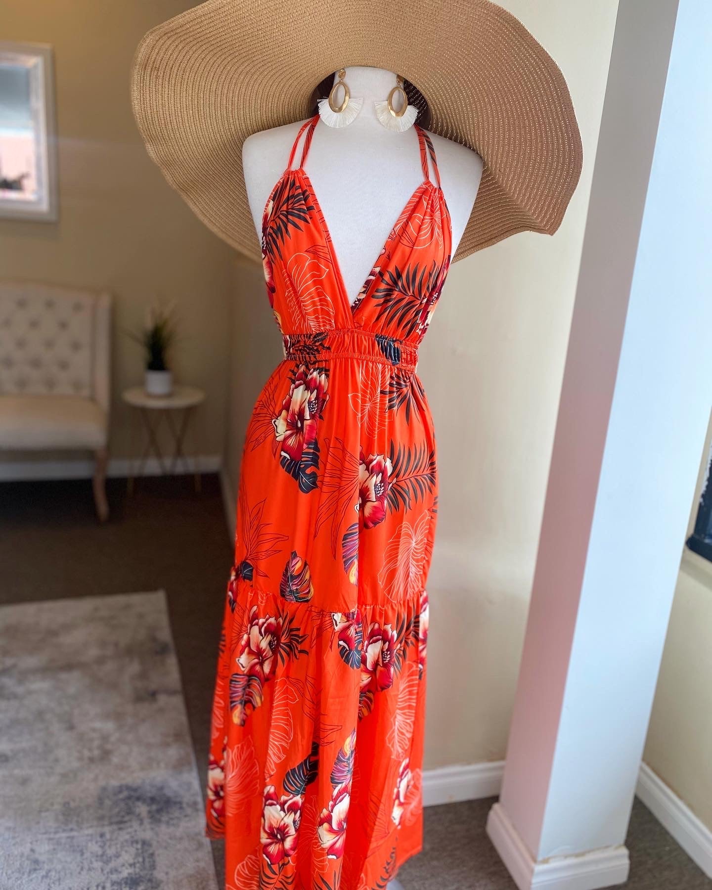 Floral Ruffle Bottom Halter Dress