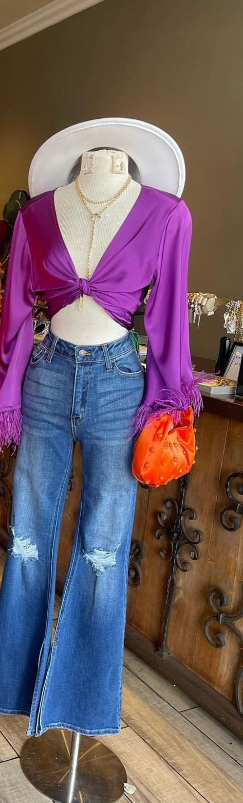 Satin Kimono Top W Fur Hem
